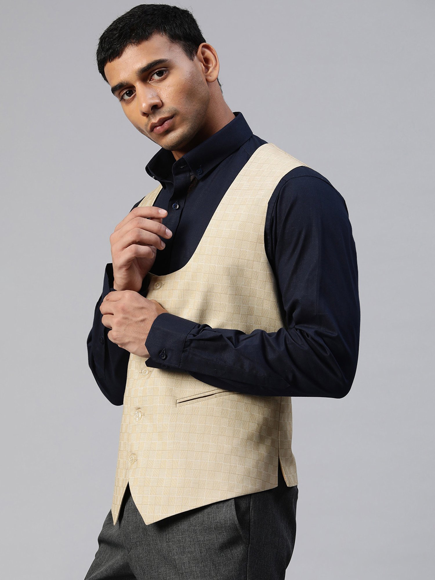 ManQ Beige Sleeveless Scoop Neck Waistcoat