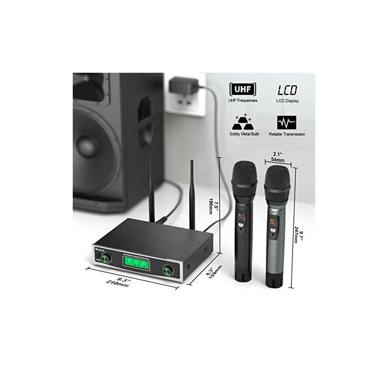 Wireless Microphone System Two Handheld Dynamic Cordless Mic and Dual Channel Receiver 50 Selectable UHF Frequency for Karaoke Singing PartyChurchDJWeddingSchool PresentationK040