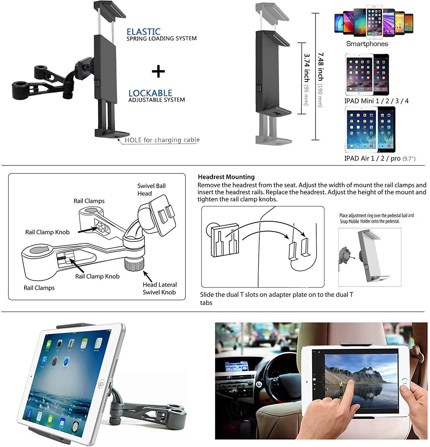 AccessoryBasics Secure Dual Post Headrest Mount for Holder for the Nintendo Switch,Tablets (iPad Mini Air, Galaxy Tab S E) Smartphone ( iPhone X 8 7 plus XR XS MAX, Samsung Galaxy S8 S9 Note)