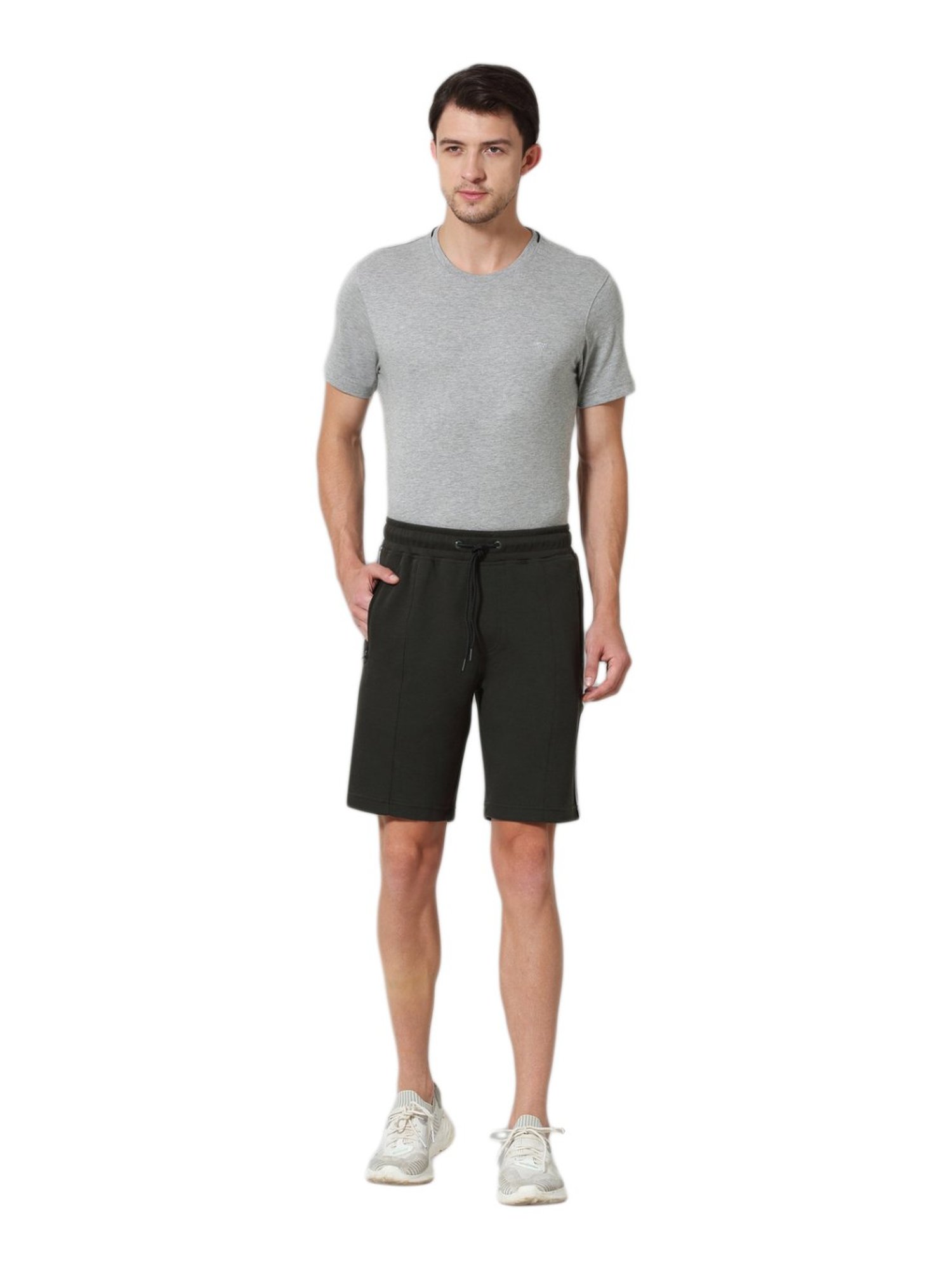 Van Heusen Athleisure Regular Fit Zipper Pocket Side Contrast Tape Solid Knit Shorts - Military