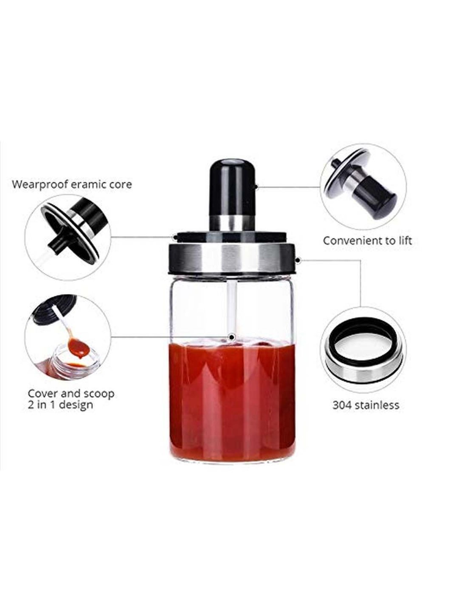 Femora Transparent Borosilicate Glass Spice Container with Spoon (250 ml) - Set of 1