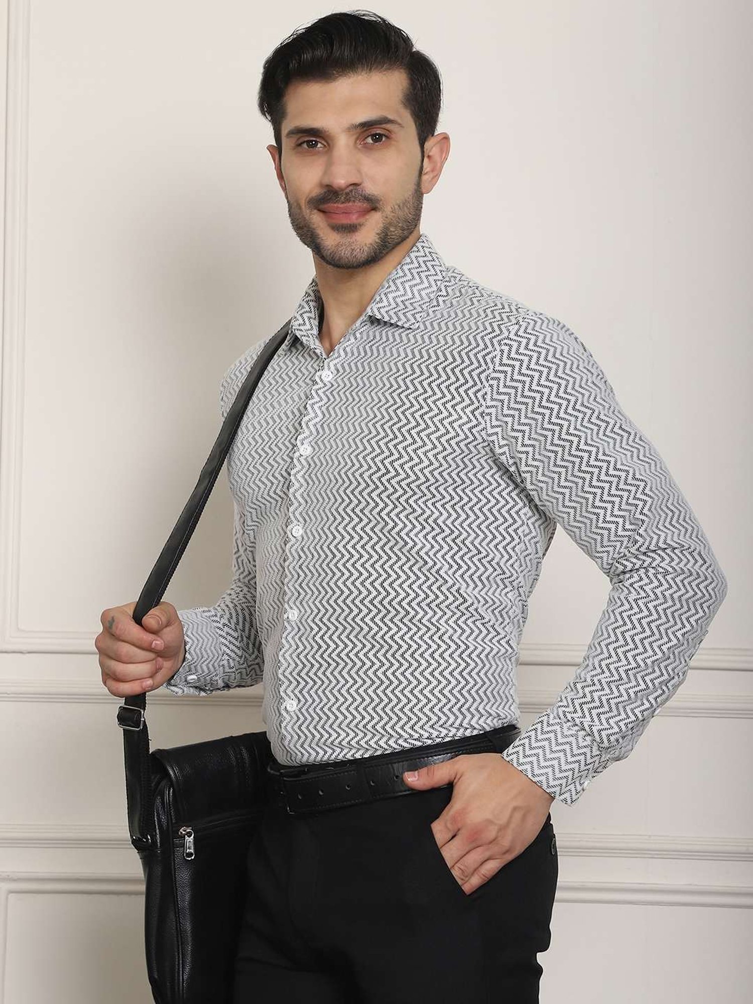 Indian Needle Mid White Regular Fit Self Pattern Shirt