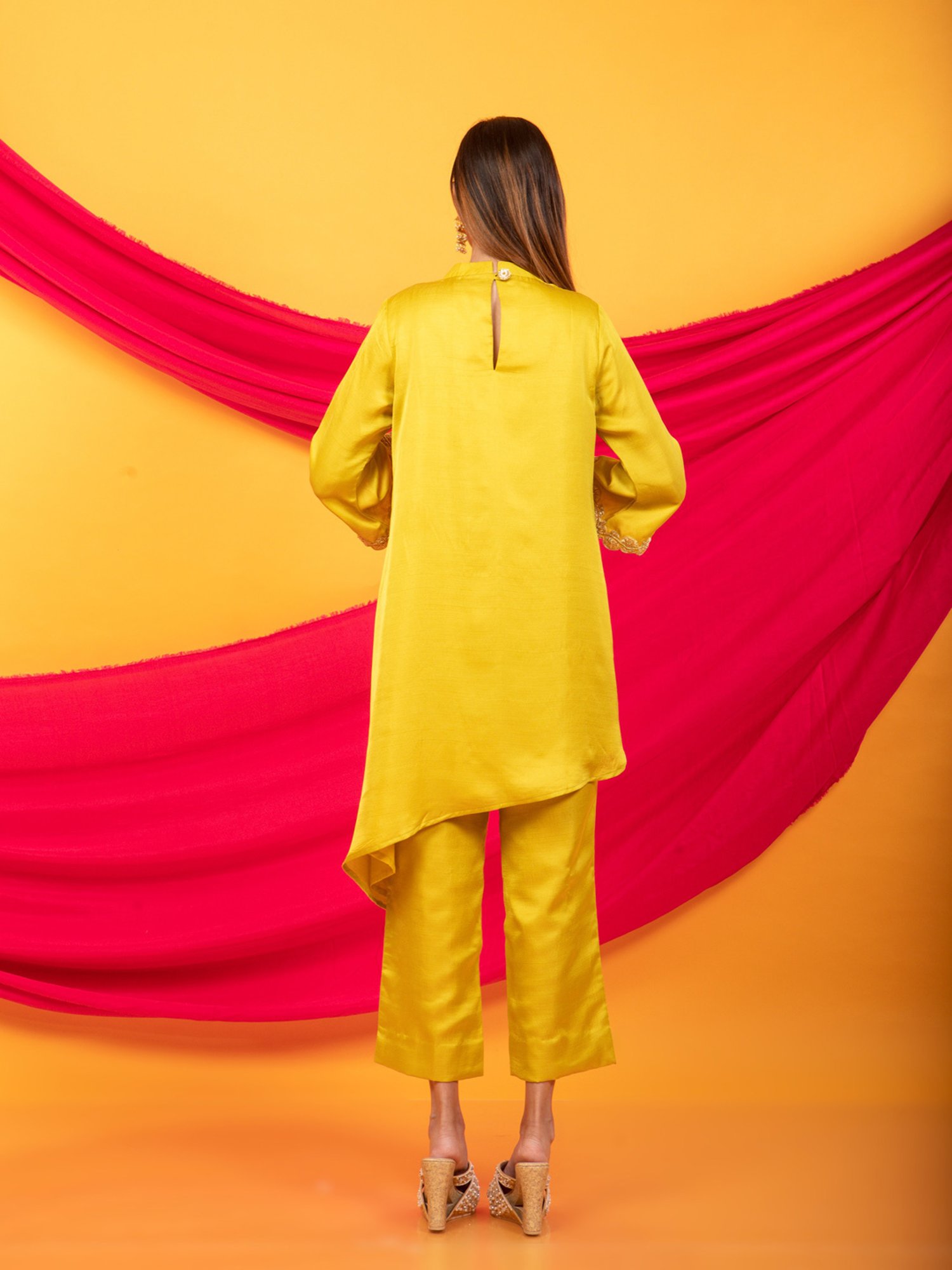 Monk & Mei Nusrat Assymetrical Kurta and Pant Co-ord Set-Canary Yellow