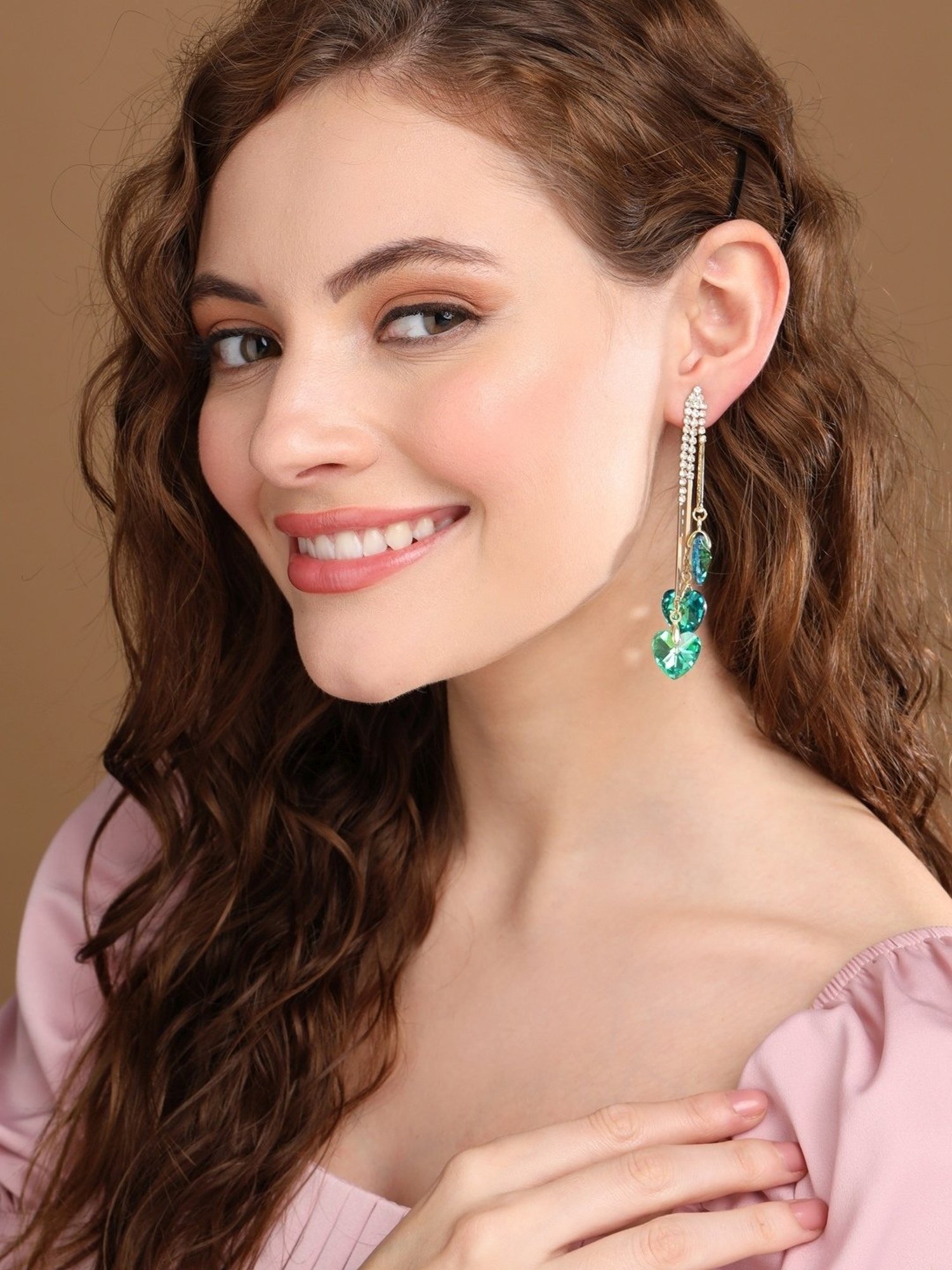 Prita by Priyaasi Green Triple Heart Tassel Studded Gold-Plated Dangler Earrings