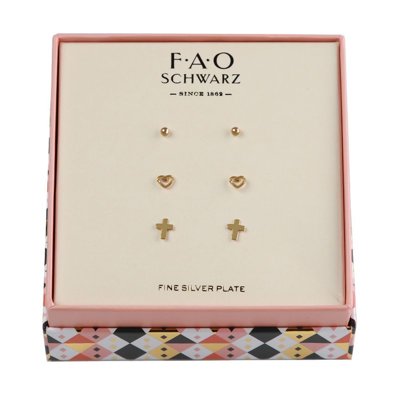 FAO Schwarz Cross, Heart and Ball Stud Trio Earring Set