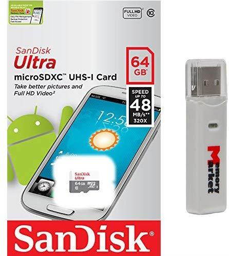 SanDisk Ultra 64GB MicroSD XC Class 10 Memory Card for Huawei Honor Holly 2 7 7i Enjoy 5s Mate 8 S G7 G8 Plus 5x Y6 Pro MediaPad M2 X2 P8 P8lite P8max with MemoryMarket MicroSD & SD Memory Card Reader