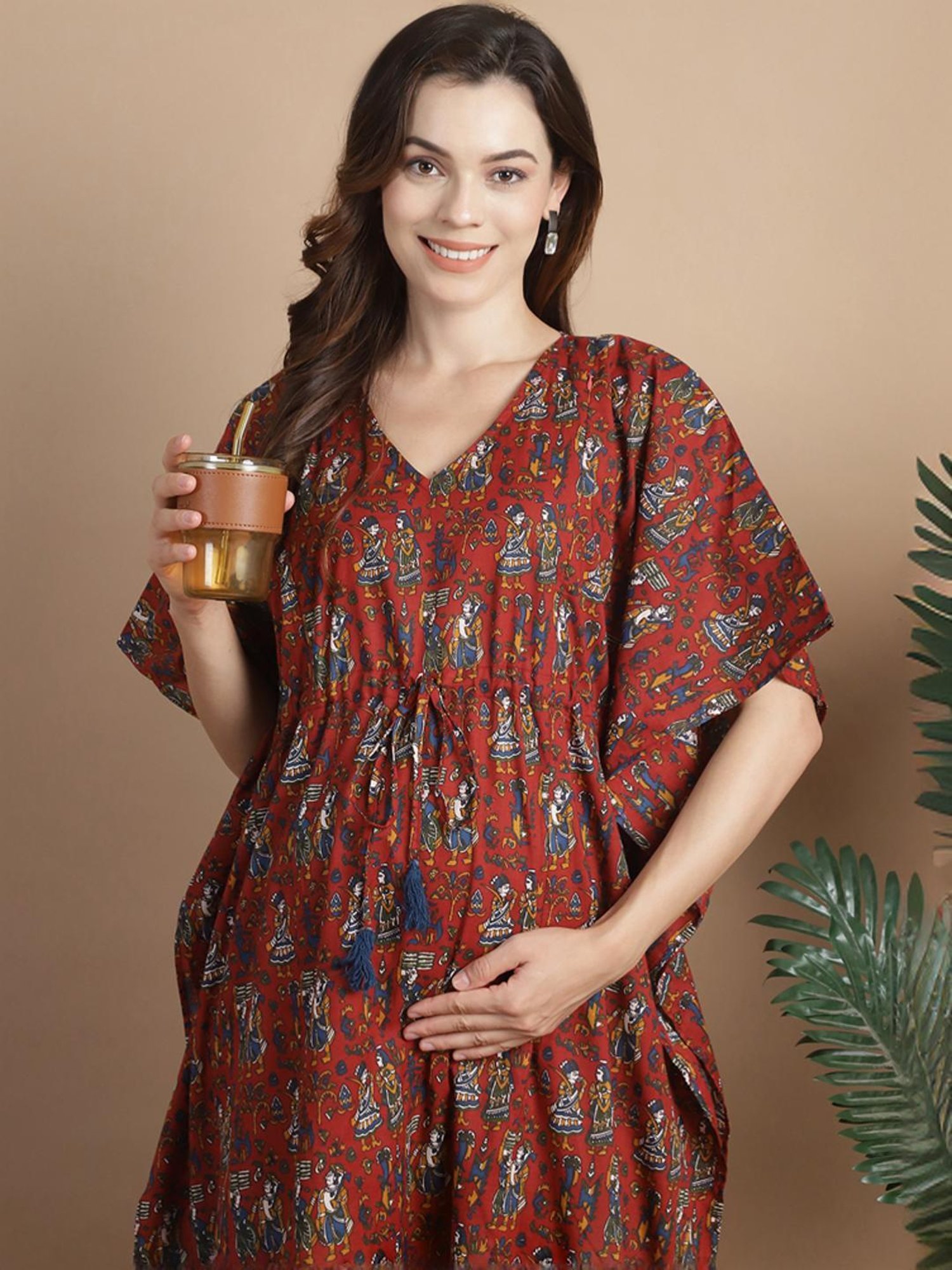 Secret Wish Maroon Cotton Printed Kaftan