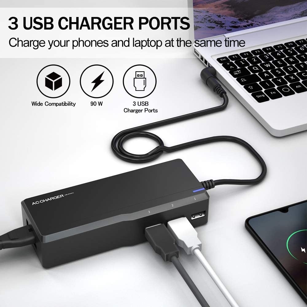 90w Universal Laptop Charger Computer Charger with 3 USB Ports 16 Tips Ac Power Adapter for Hp Compaq Dell Acer Asus Lenovo IBM Toshiba Samsung Sony Fujitsu Gateway Notebook Ultrabook