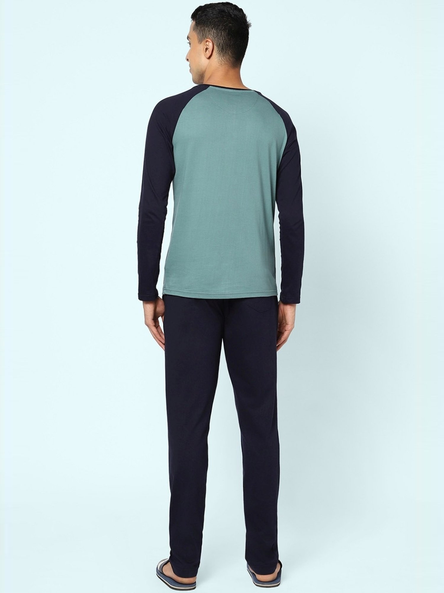 Ajile By Pantaloons Sage Green & Black Cotton Slim Fit Colour Block Lounge T-Shirt