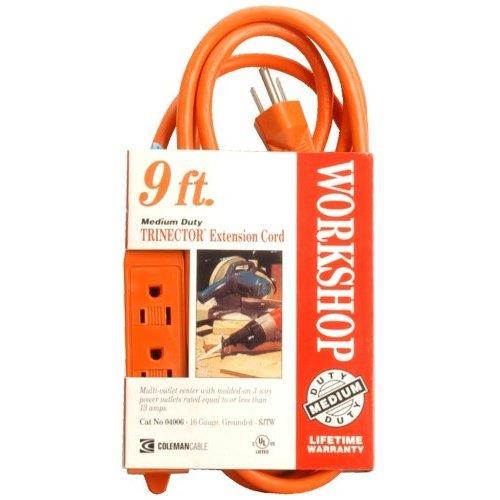 Coleman Cable 9ft. 5.3 Orange Trinector Three-Way Power Extension Cord  04006