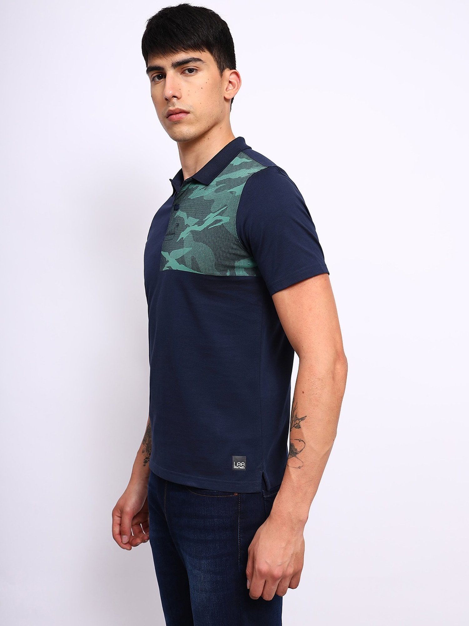 Lee Navy Cotton Slim Fit Printed Polo T-Shirt