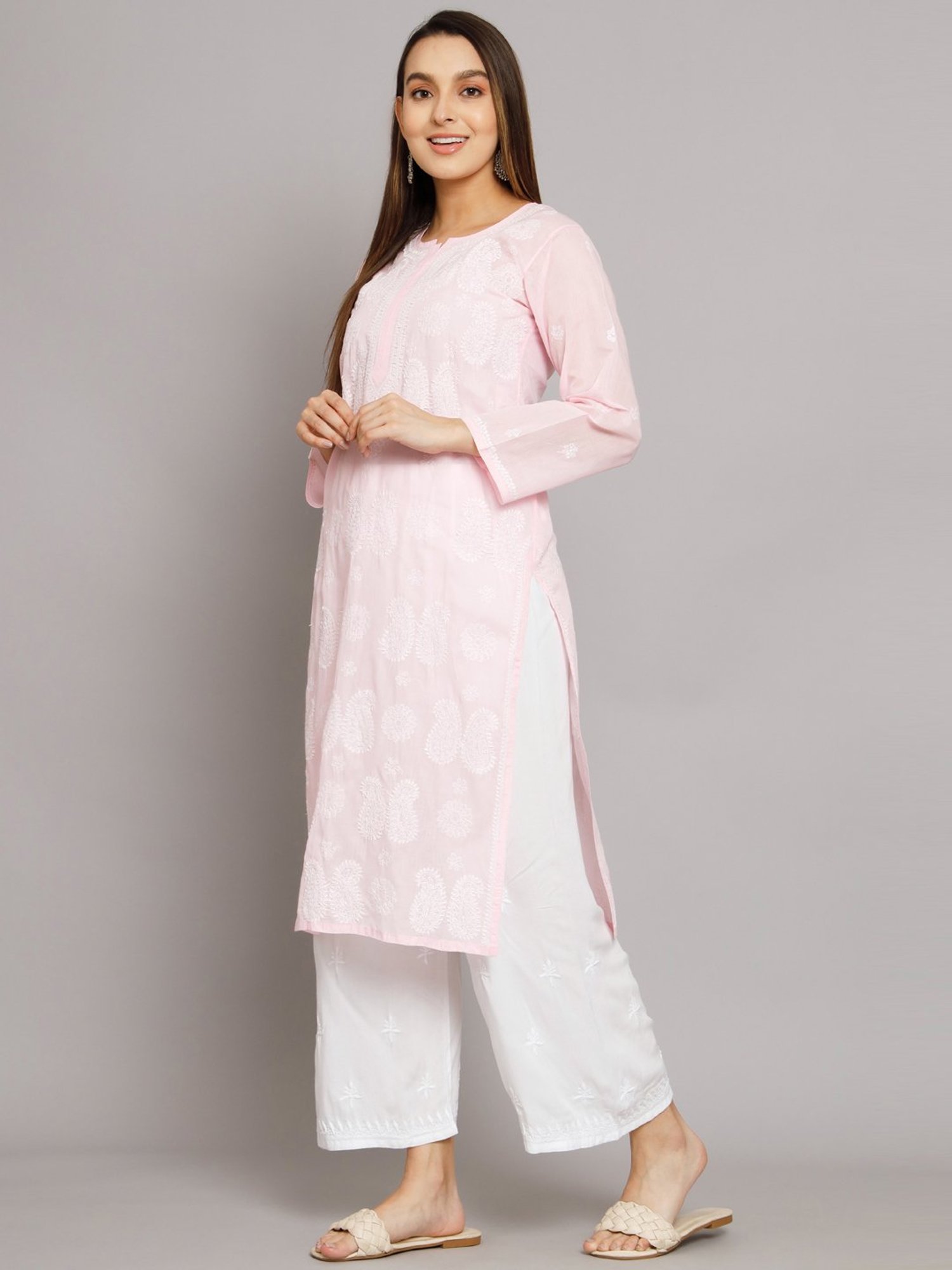 PARAMOUNT CHIKAN Baby Pink Cotton Chikankari Straight Kurta