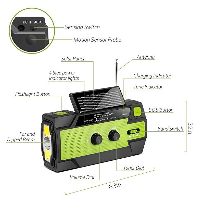Newest EmergencyHandCrankRadio4000mAh Portable Weather Solar Radios with Motion Sensor Reading Lamp3 Gear LED FlashlightSOS AlarmCell Phone ChargerAMFMNOAA Green