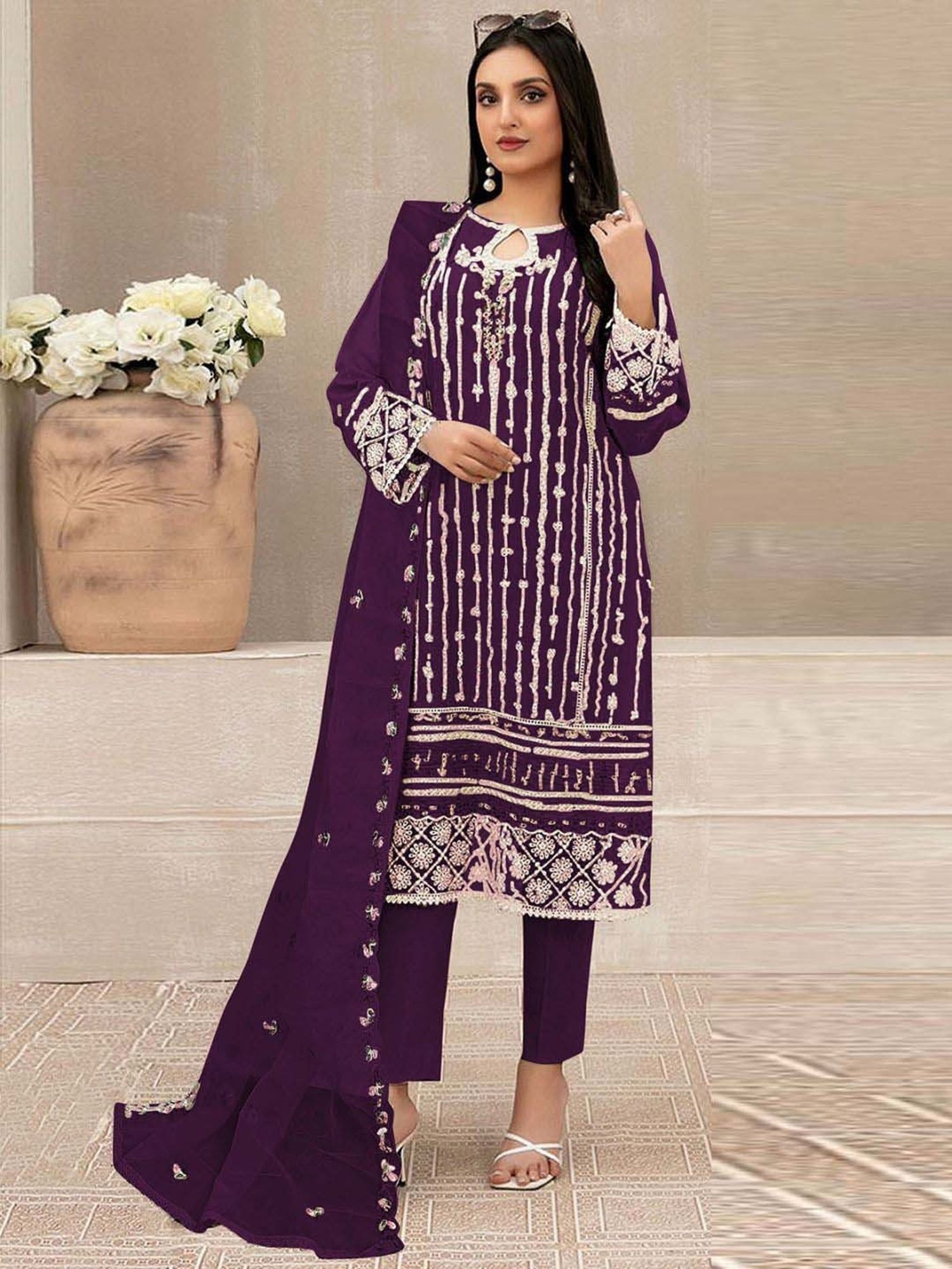 Odette Purple Embroidered Semi Stitched Dress Material
