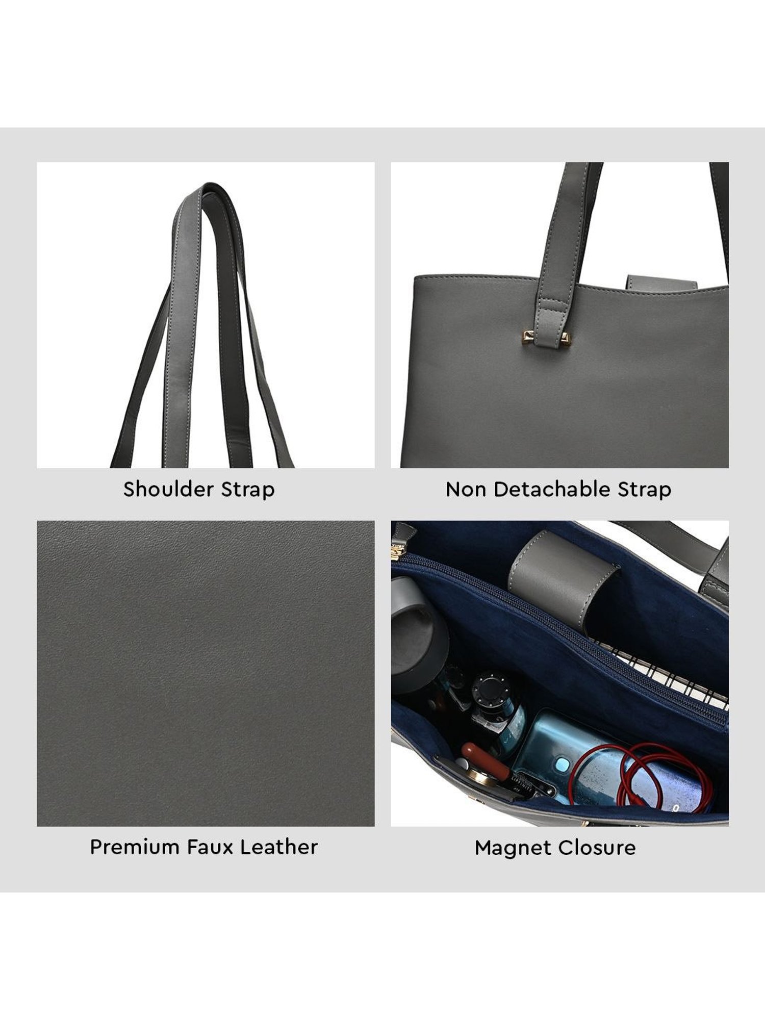 Horra Grey Solid Tote Handbag