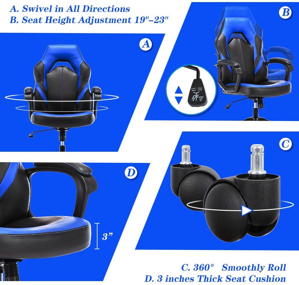 SMUGDESK Gaming Chair,  Office Computer Swivel Desk Task Chair, Ergonomic Executive Chair Bonded Leather with Padding Armrests and Lumbar Support (Blue)