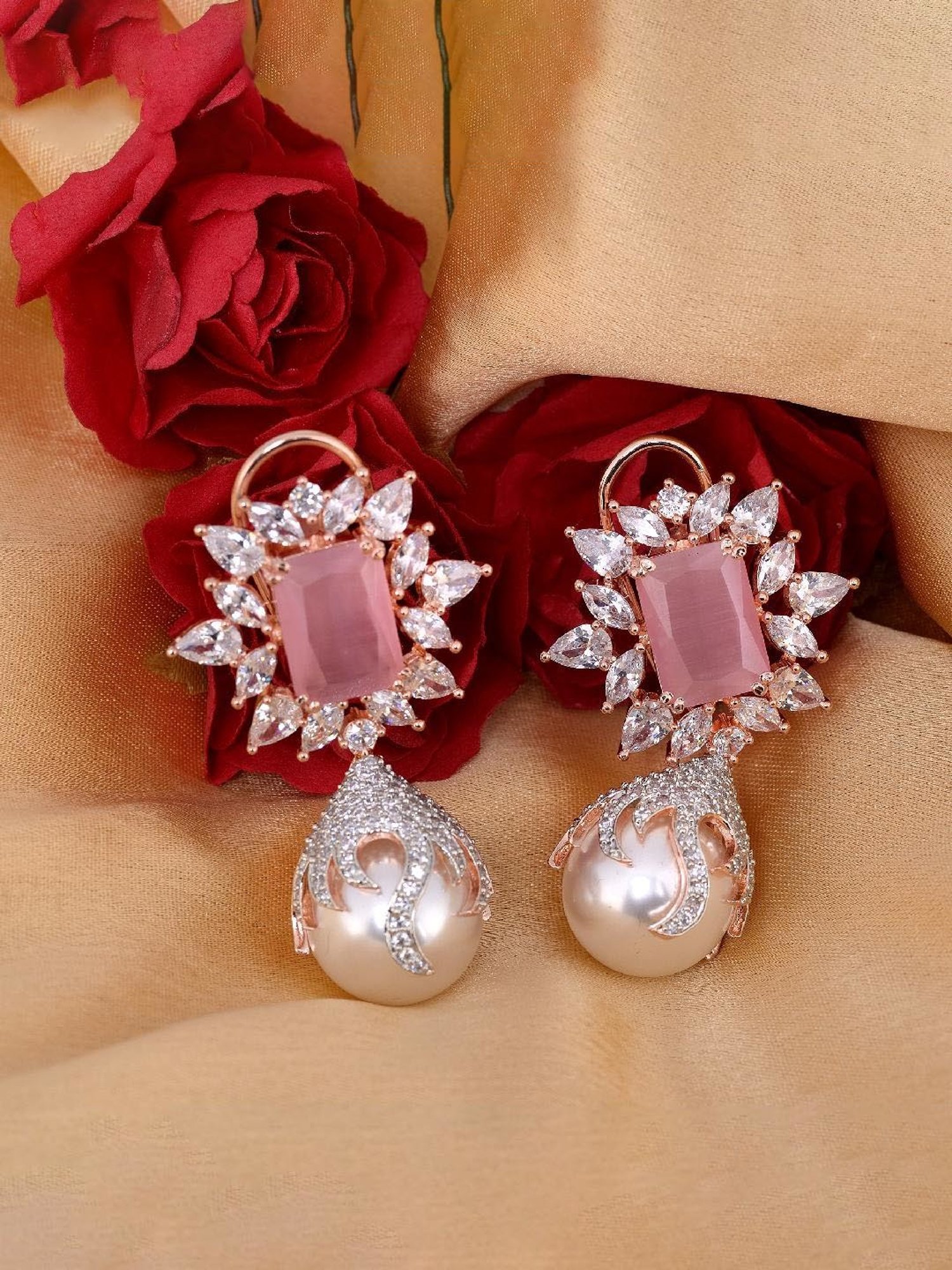 Saraf RS Jewellery Royal Pink Pearl studded drop Earrings