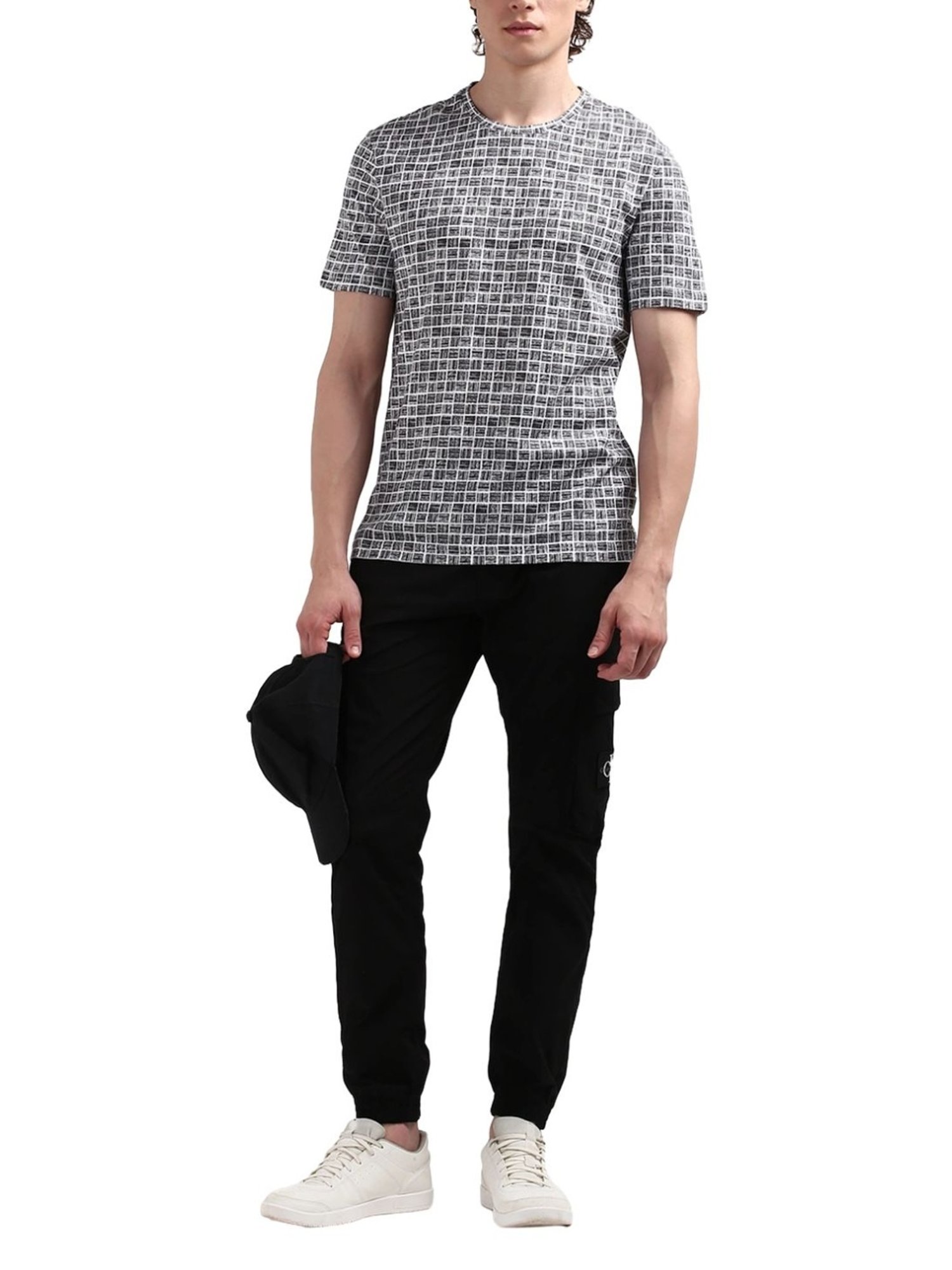 Calvin Klein Black Cotton Regular Fit Checks T-Shirt