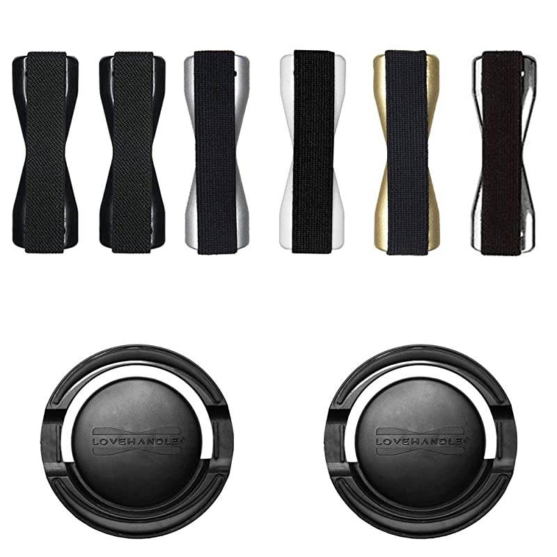 Grip for Smartphone and Mini Tablet with  360 Mount Black Elastic Strap wih Solid Colored Base 6 Grip and 2 Mounts an 8 Piece Value Pack