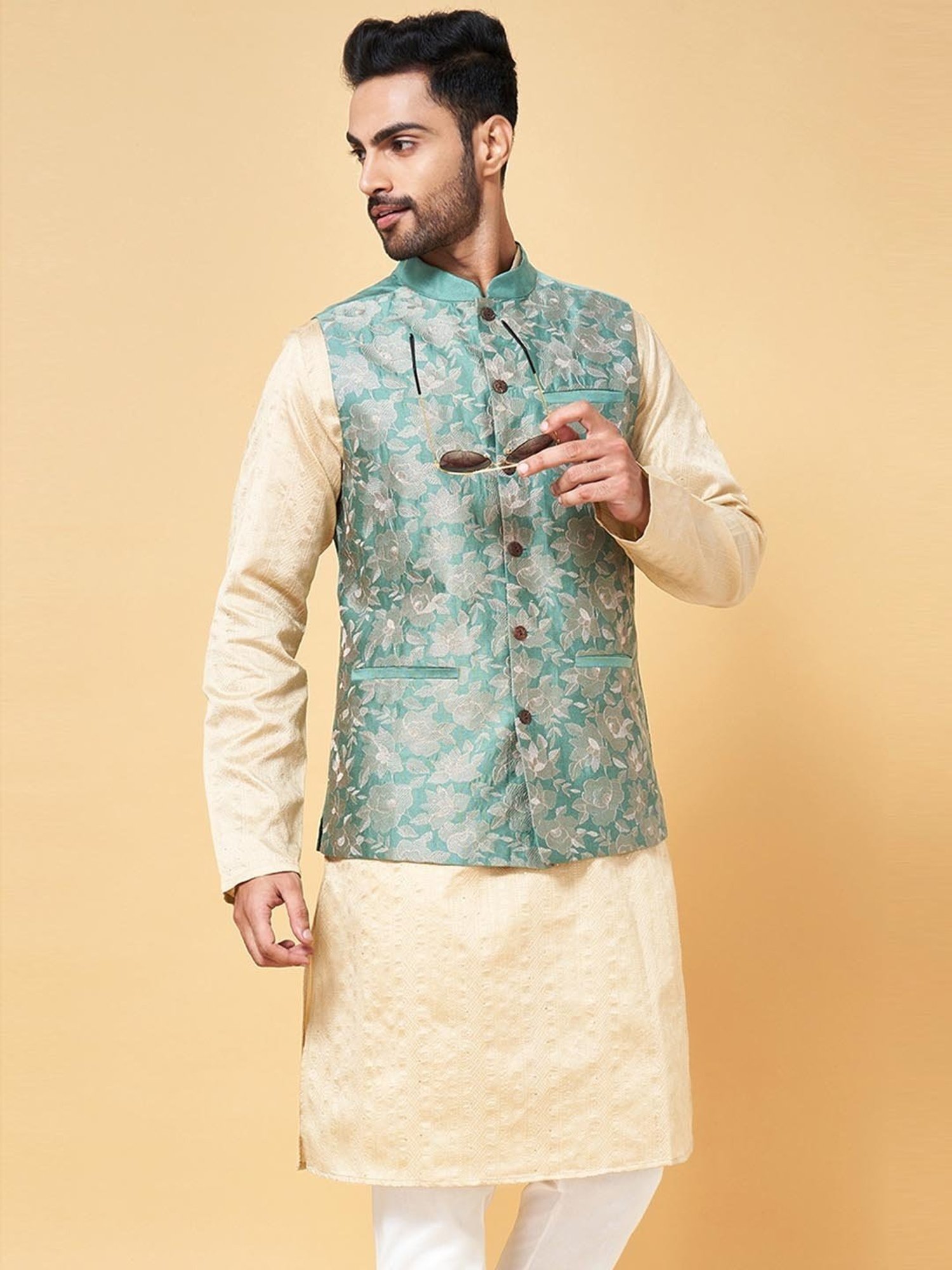 Indus Route by Pantaloons Sage Green Regular Fit Embroidered Nehru Jacket