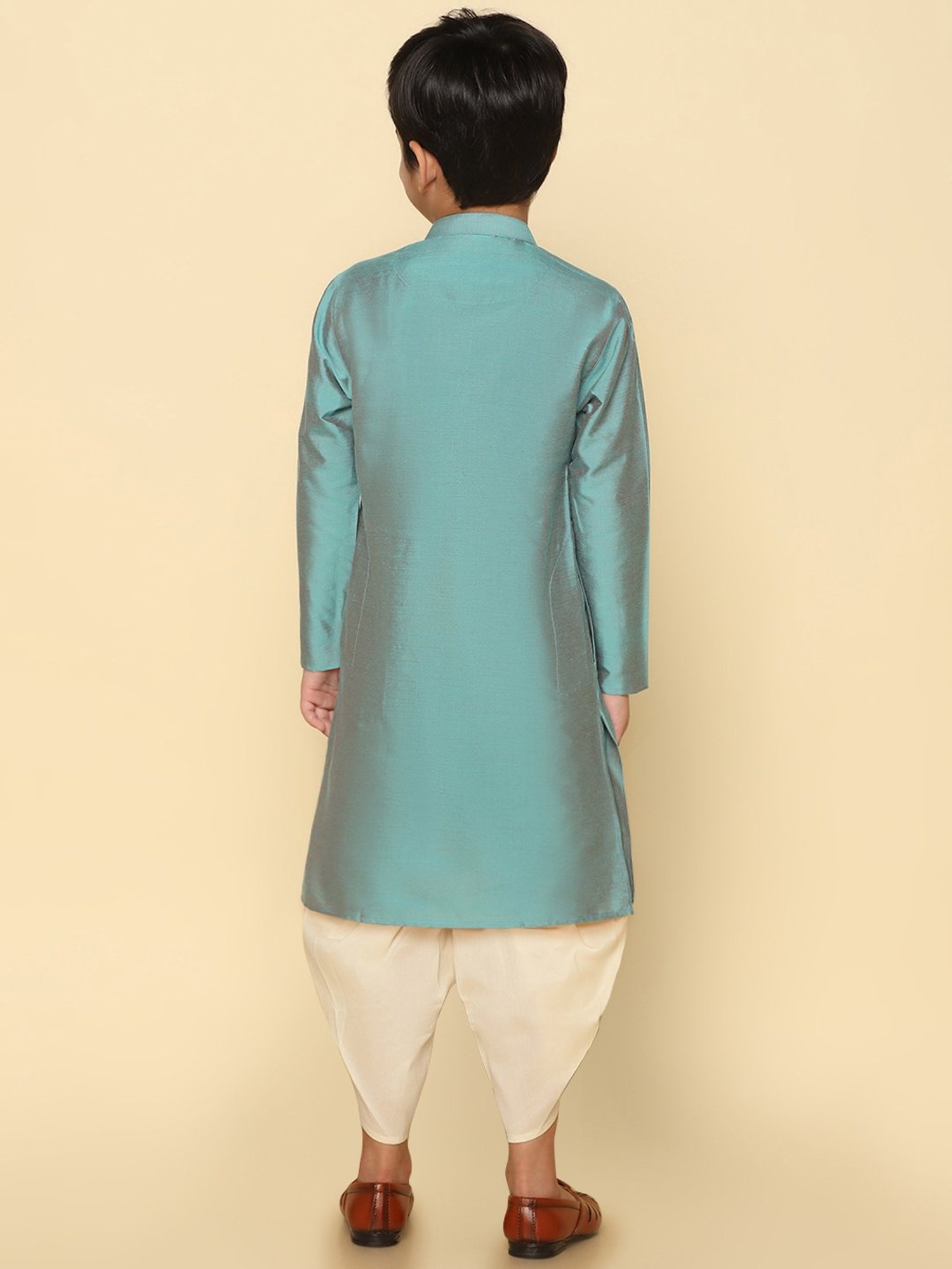 KISAH Kids Green & Cream Solid Full Sleeves Kurta with Dhoti