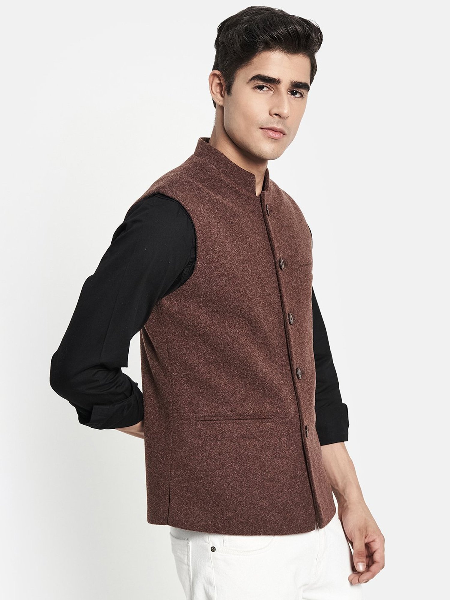 METTLE Dark Brown Mandarin Collar Nehru Jacket