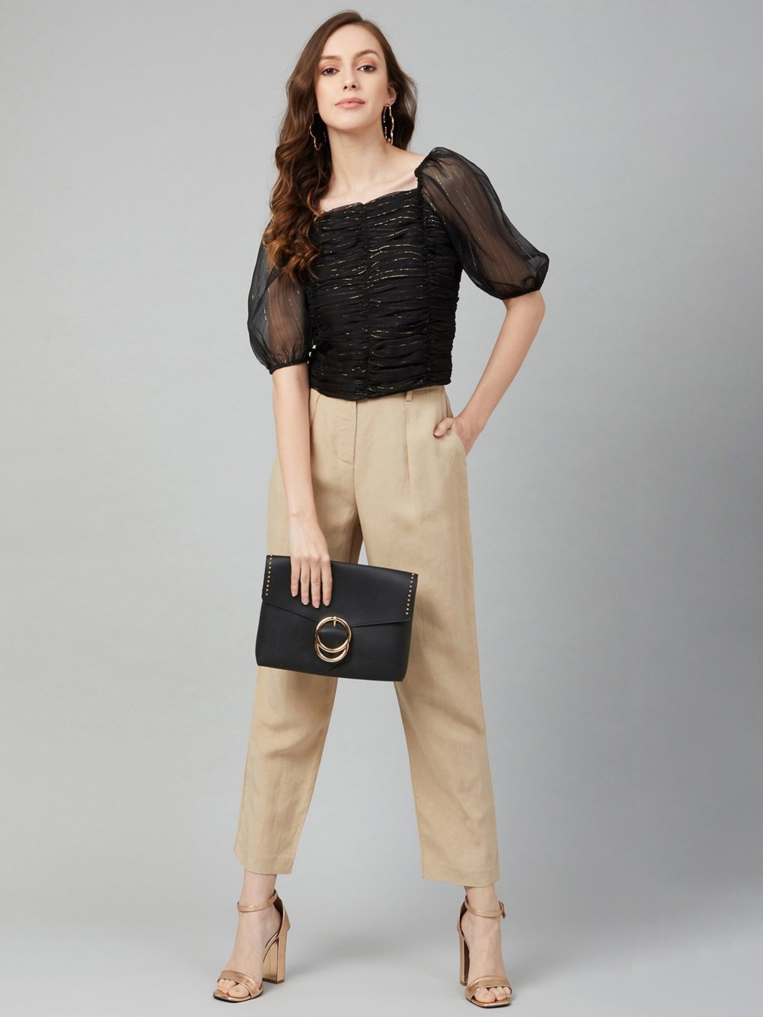 Marie Claire Black Self Design Crop Top