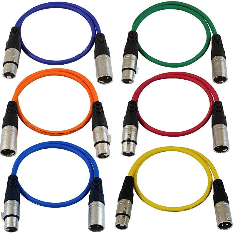 2ft Patch Cable Cords - XLR Male to XLR Female Color Cables - 2' Balanced Snake Cord - 6 Pack