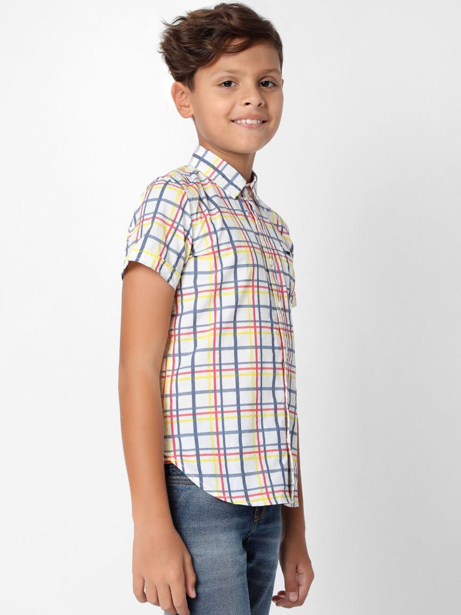 Gas Kids White & Red Cotton Chequered Shirt