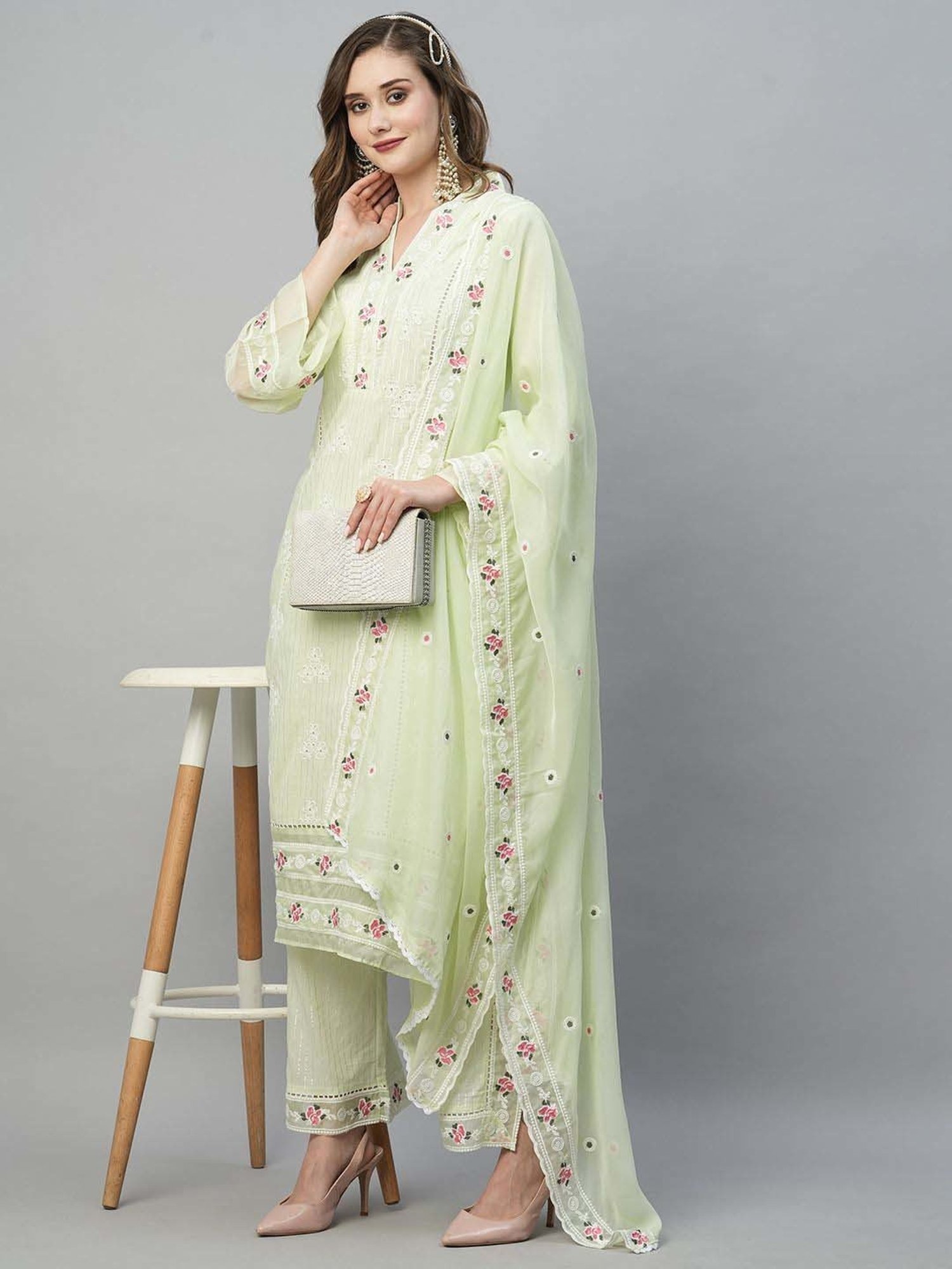 Heeposh Green Cotton Embroidered Kurta Palazzo Set With Dupatta