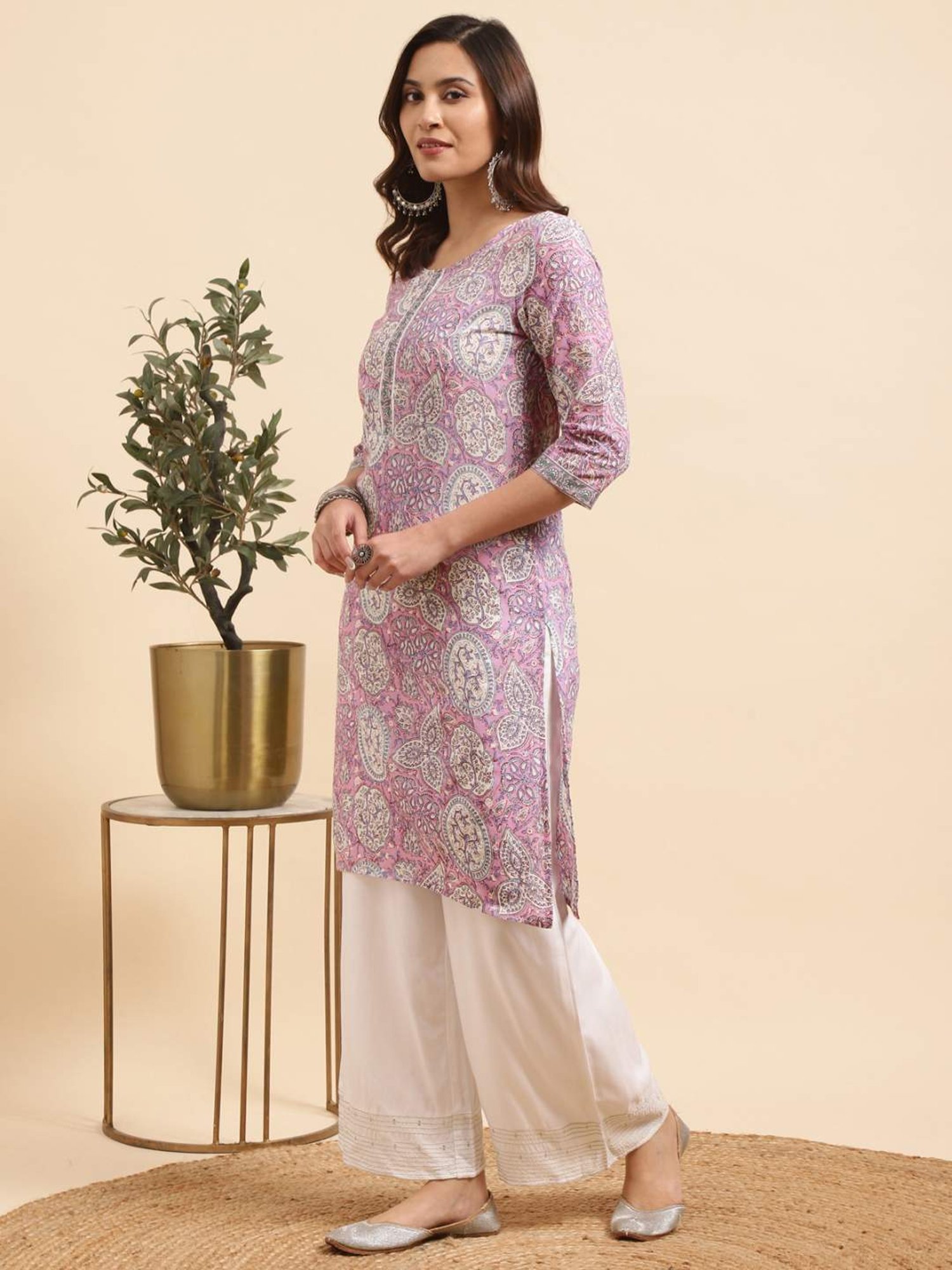 Rangita Purple & White Cotton Floral Print Kurta Palazzo Set