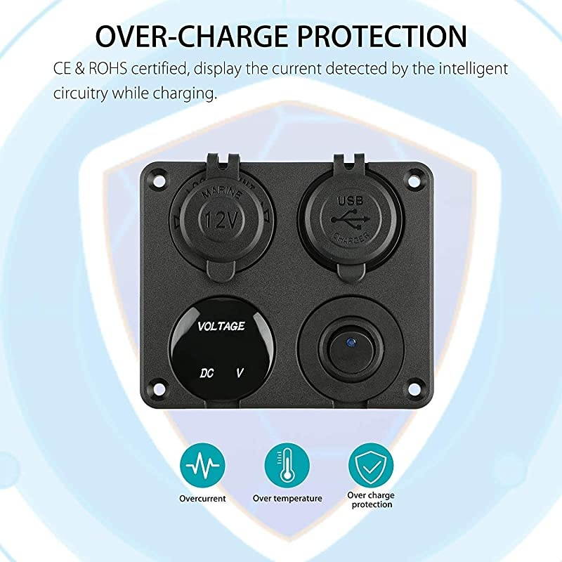 4 in 1 Charger Socket Panel 12V 42A Dual USB Charger Socket Power Outlet amp LED Voltmeter amp Cigarette Lighter Socket amp Red LED Lighted ON Off Rocker Toggle Switch for Car Marine Boat Truck