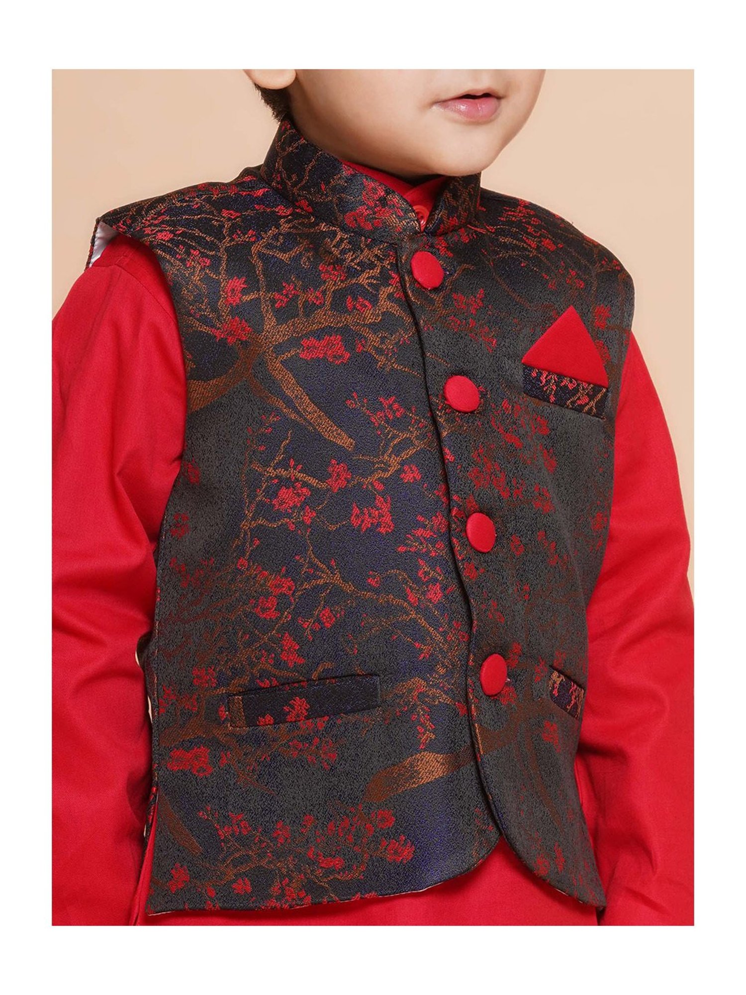 AJ Dezines Kids Black & Red Printed Full Sleeves Kurta, Dhoti with Waistcoat