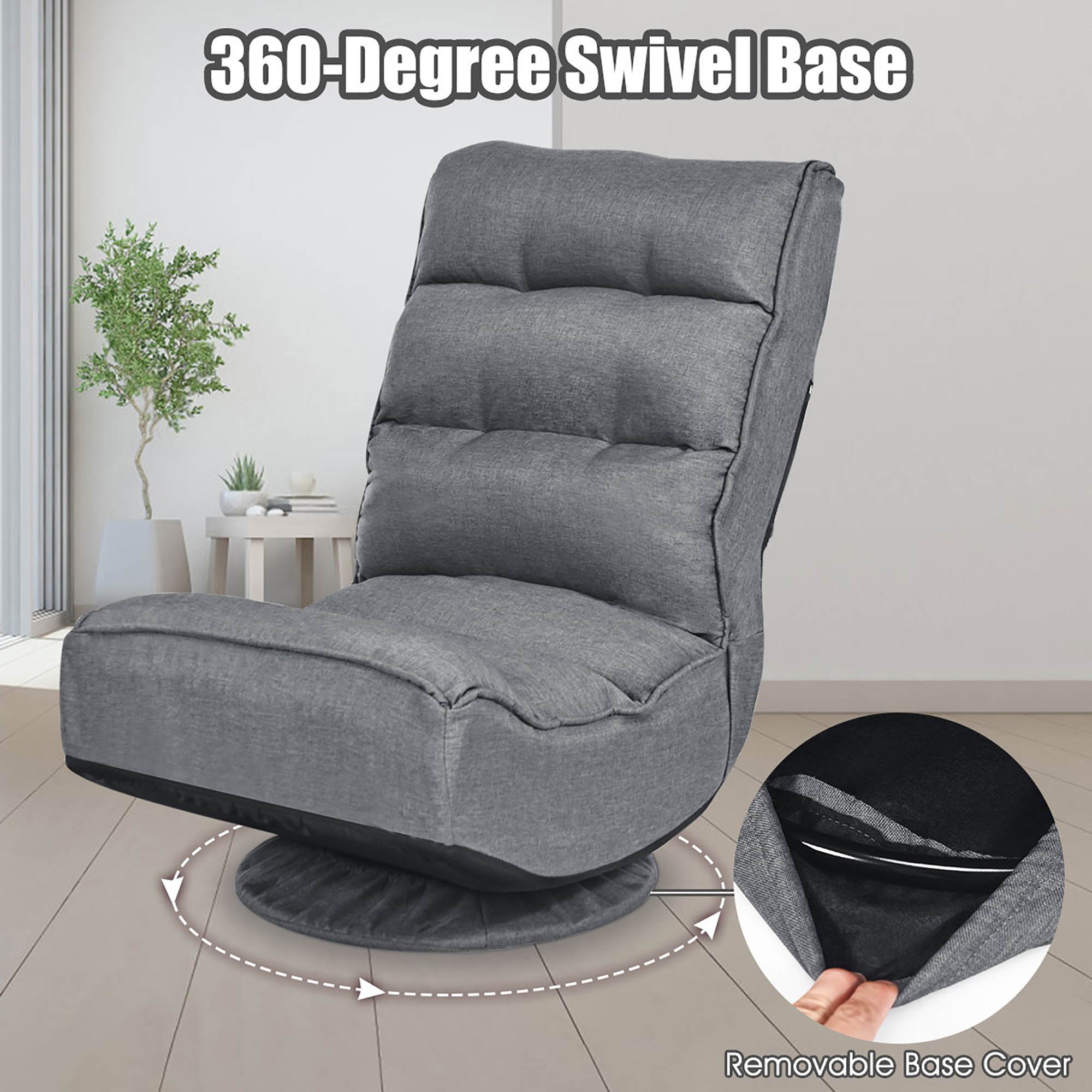 Folding Game Chair Floor Lazy Sofa 4-Position Adjustable 360 Degree Swivel Gray