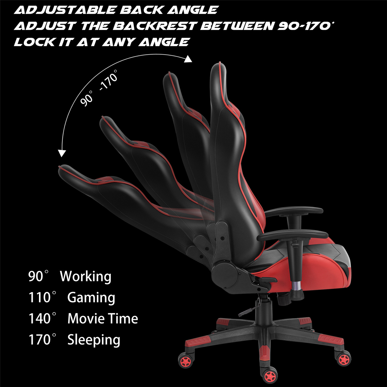 Gaming Chair Racing Office Chair Ergonomic Massage Chair PU Leather Recliner Computer Game Chair with Headrest and Lumbar Pillow Rolling Swivel Task (Black/Red)