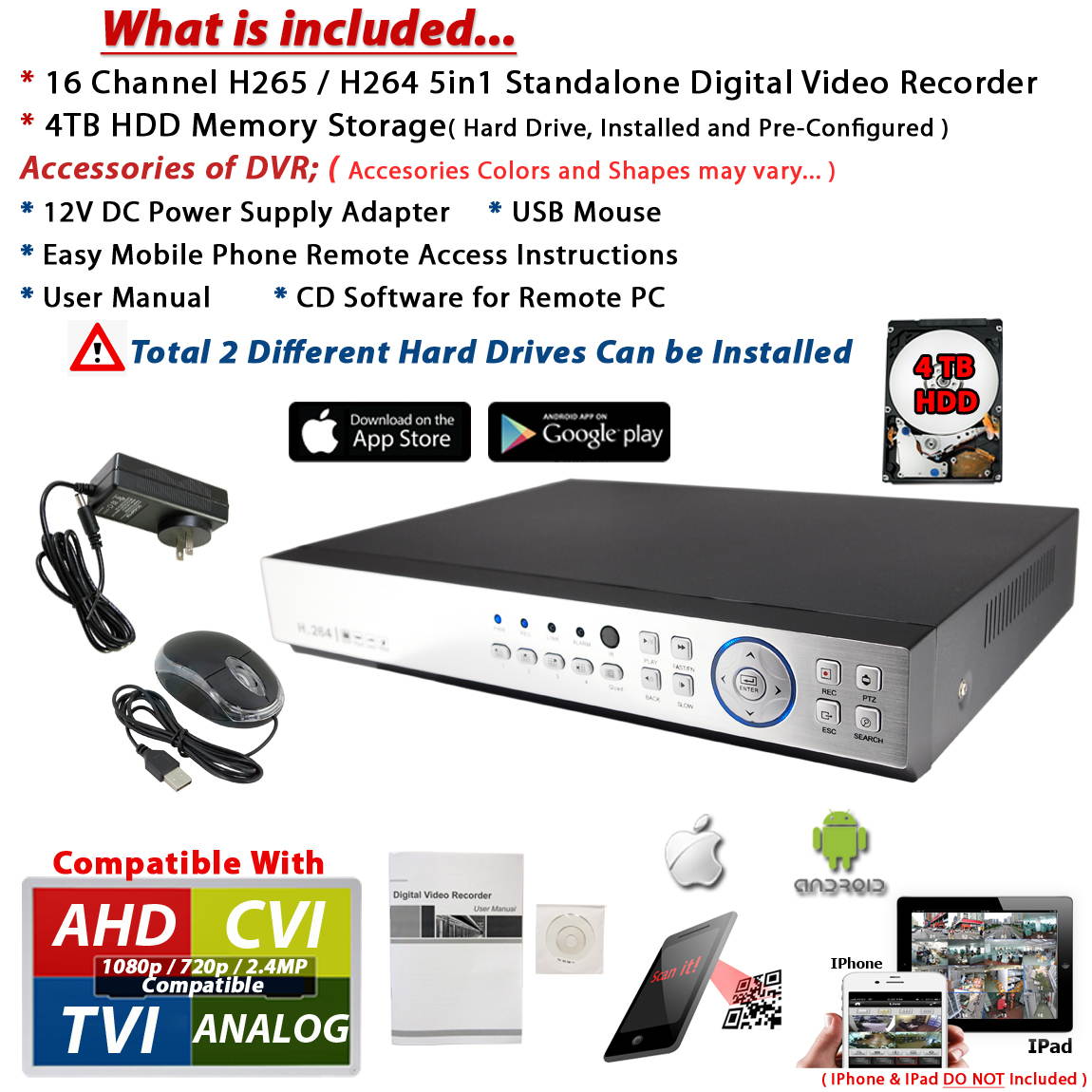 Evertech 16 Ch DVR 4TB HDD H.265 High-Definition Hybrid TVI AHD CVI Analog Home Office Standalone CCTV Security Digital Video Recorder with 4TB Hard Drive for recording