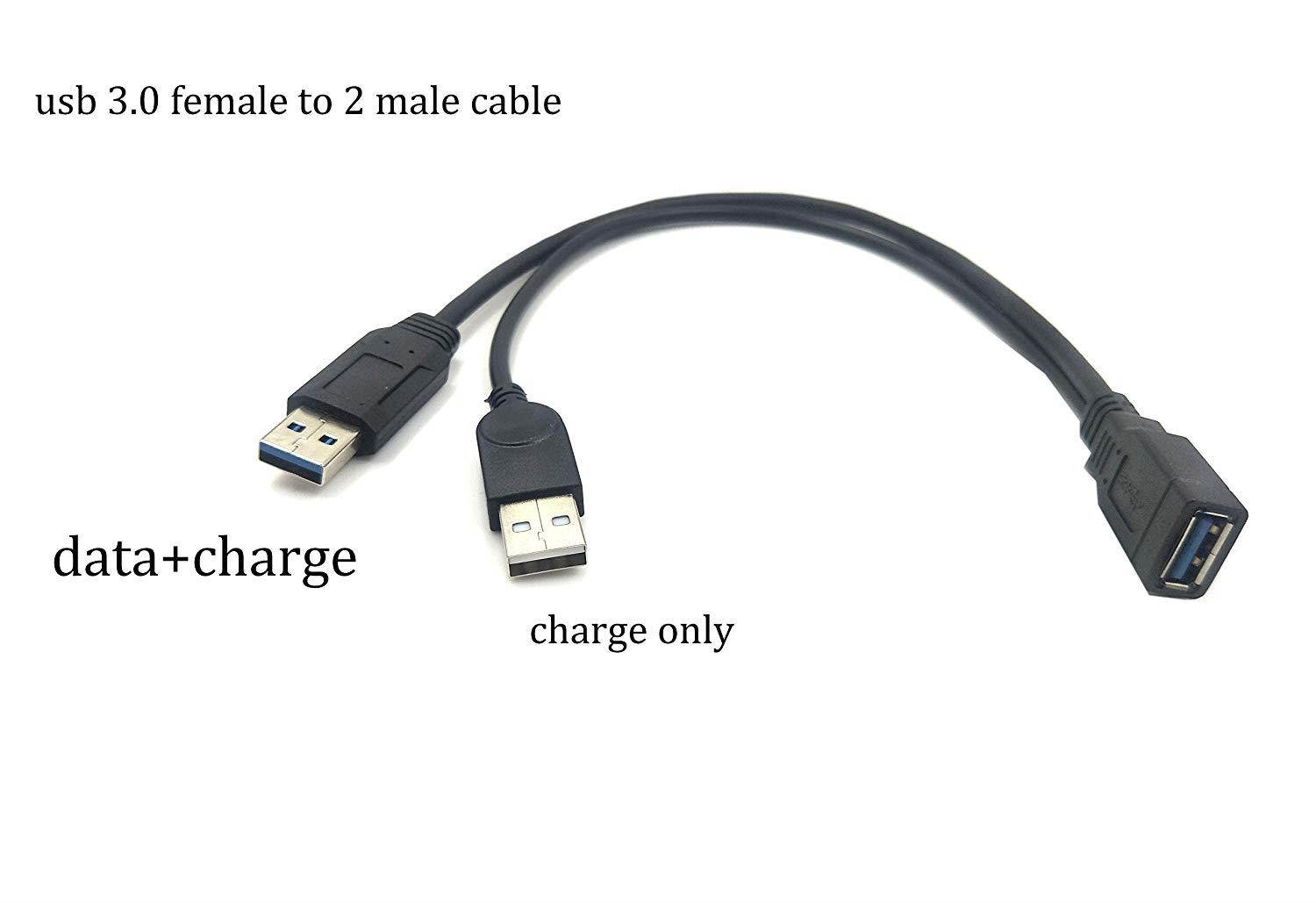 USB 3.0 Y Splitter Cable 30CM/1ft USB 3.0 Type A Female to Dual USB Male 1 to 2 Sync Data Charging Converter Y Extension Cable Cord (One Side Only for Charging) (1FM/2M)