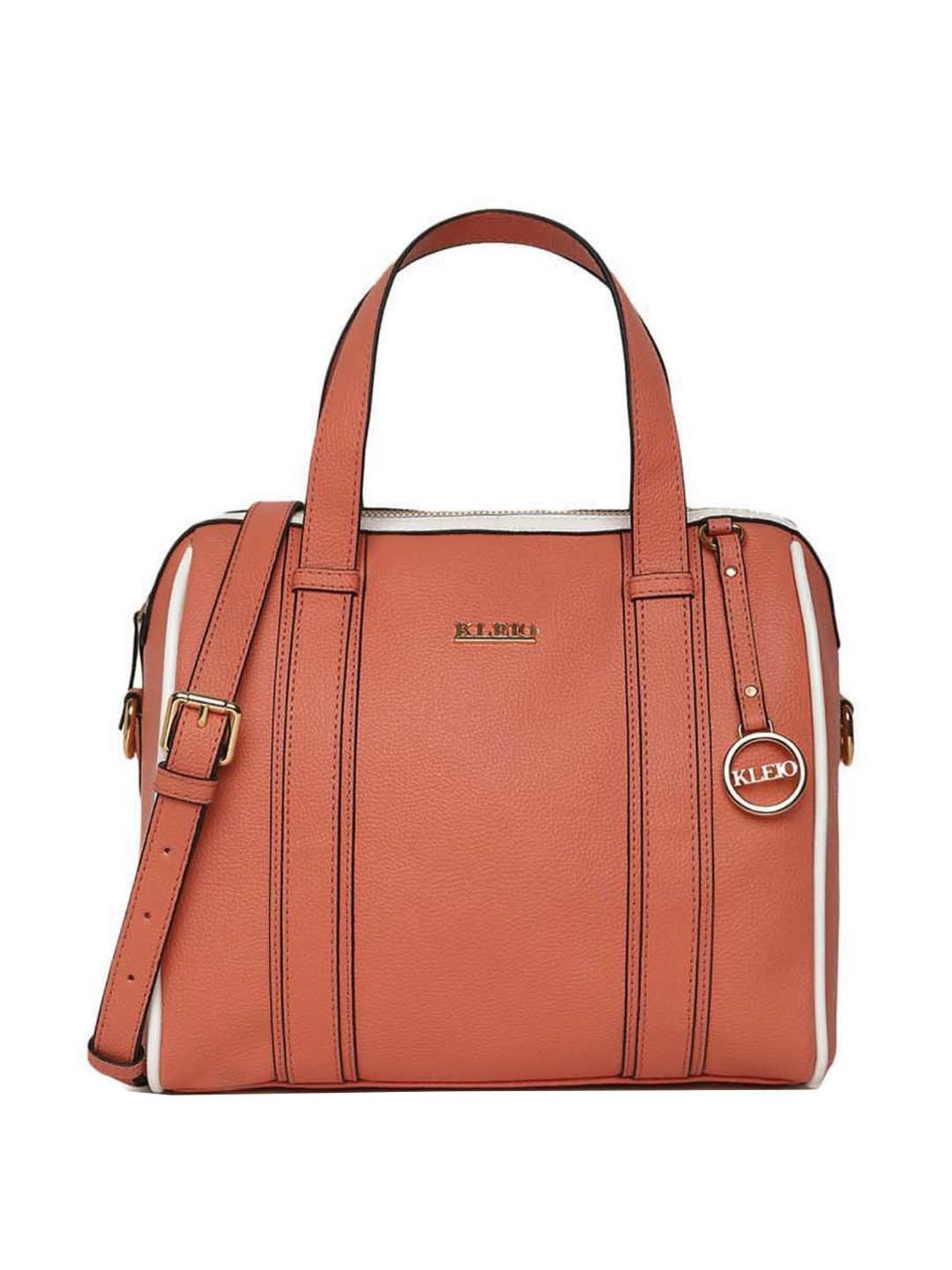 KLEIO Peach Solid Medium Bowler Handbag