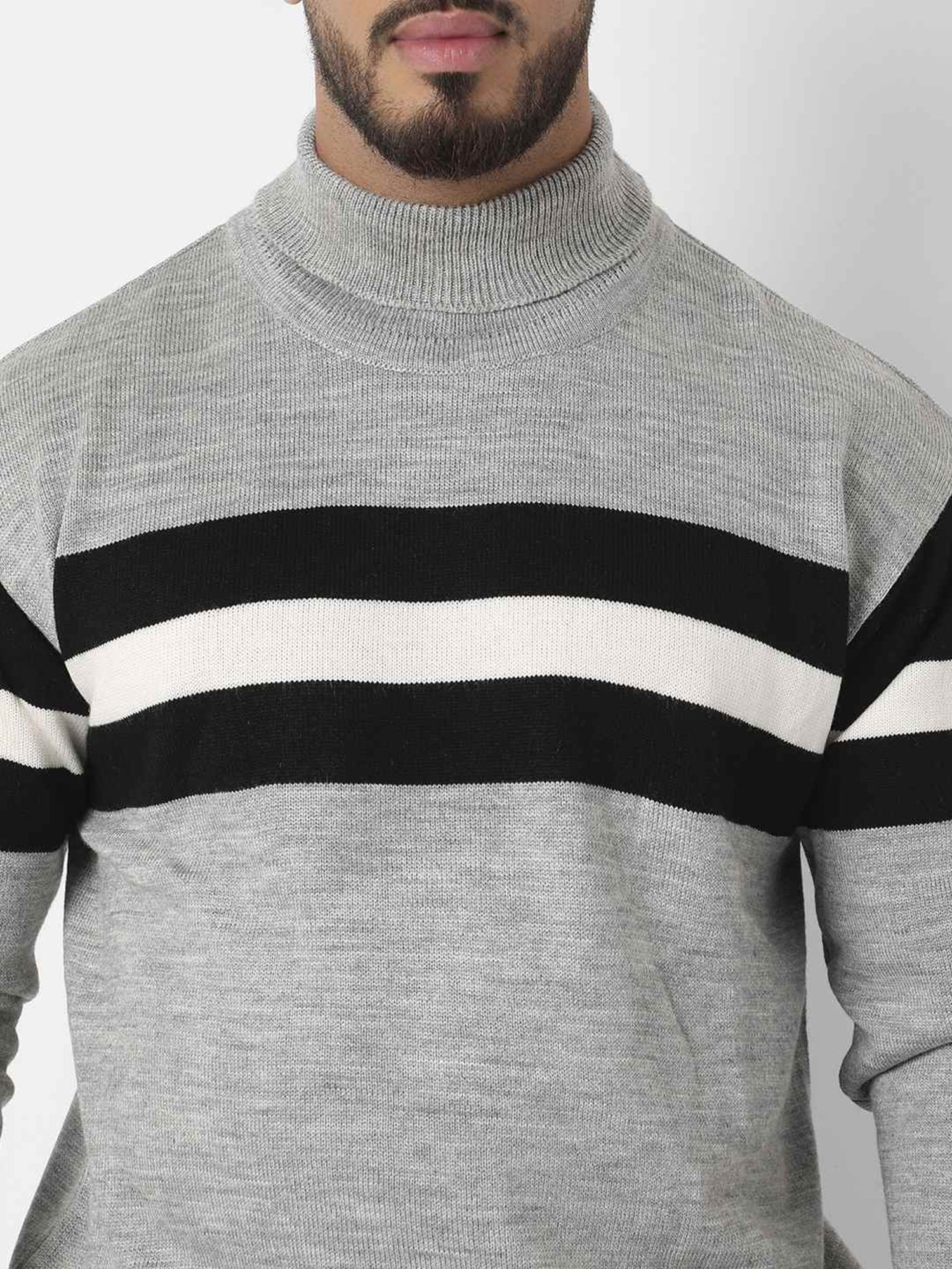 Instafab Plus Light Grey Regular Fit Striped Plus Size Sweater