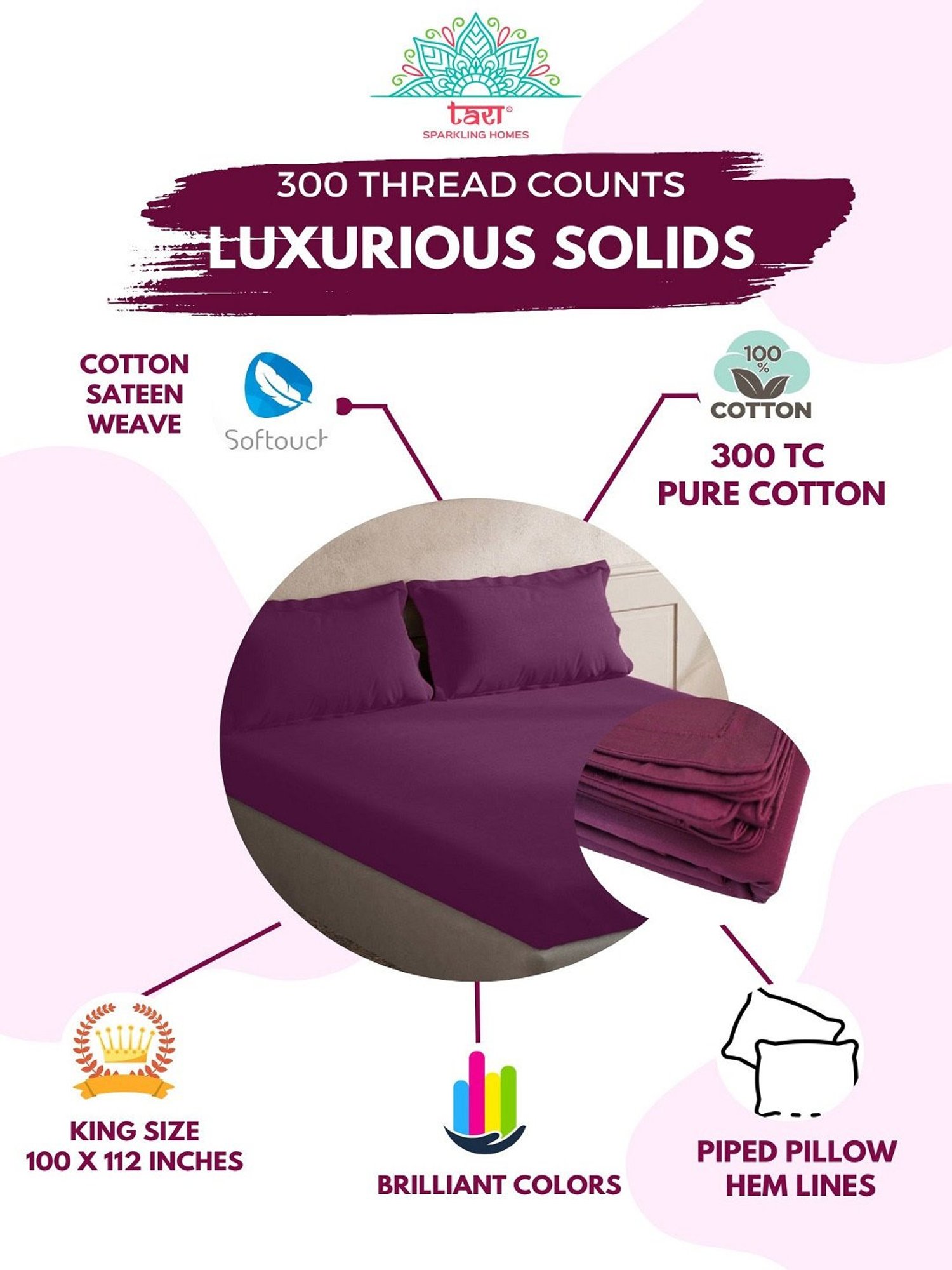 TARA Sparkling Homes Purple 300 TC Cotton King Bedsheet With 2 Pillow Covers