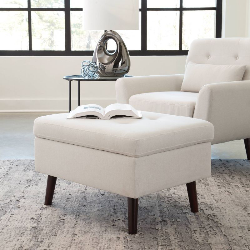 Tufted Fabric Mid-Century Modern Storage Ottoman & Walnut Legs Beige - OFM