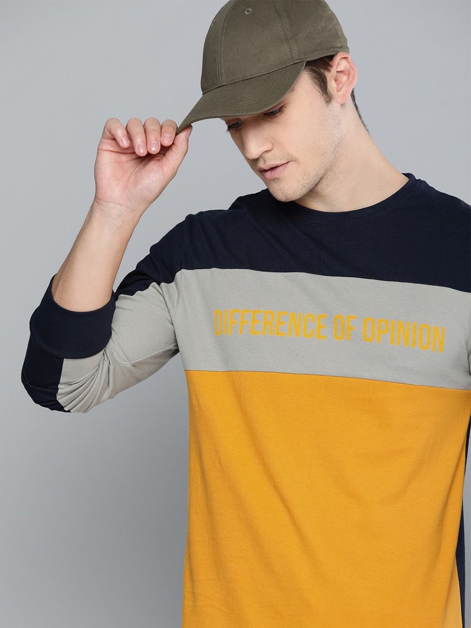 Difference Of Opinion Navy & Yellow Cotton Regular Fit Colour Block T-Shirt