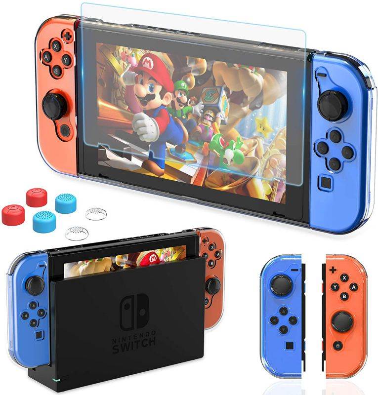 HEYSTOP Dockable Case Compatible with Nintendo Switch, Clear Protective Case Cover with a Tempered Glass Screen Protector and Thumb Stick Caps
