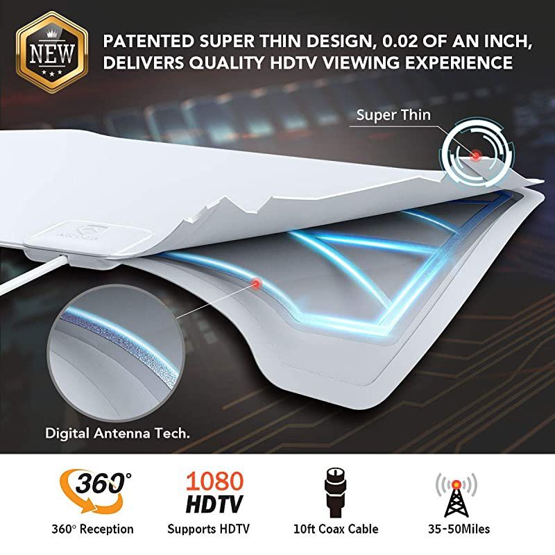 HDTV Antenna Indoor Amplified HDTV Antenna 360 Omnidirectional Long Range Reception with 4G LTE FilterSupport 4K 1080P UHF VHF Freeview HDTV Channels for All Old TVs10ft Cable4K UHD Ready