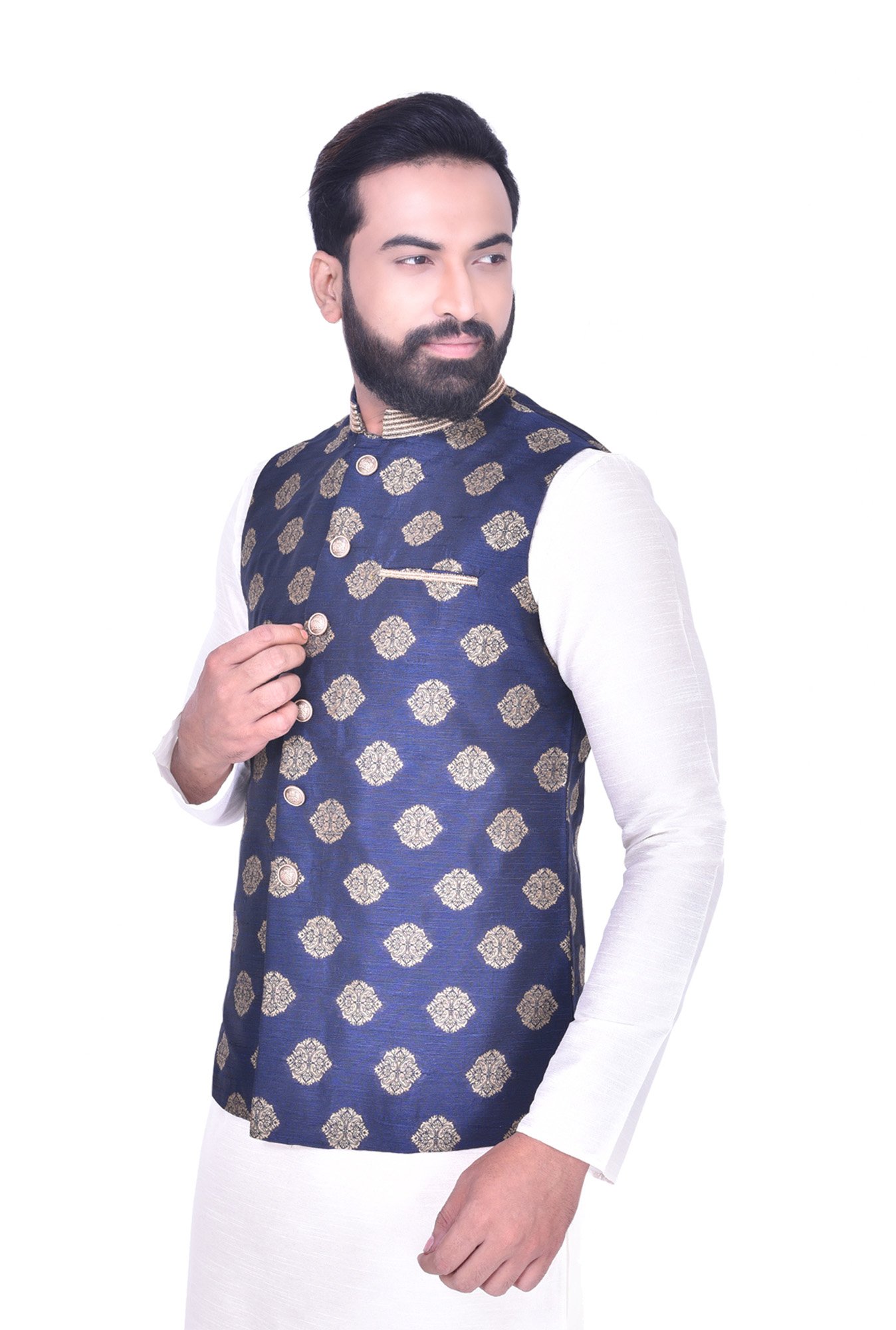Manyavar Dark Blue Sleeveless Ethnic Jacket