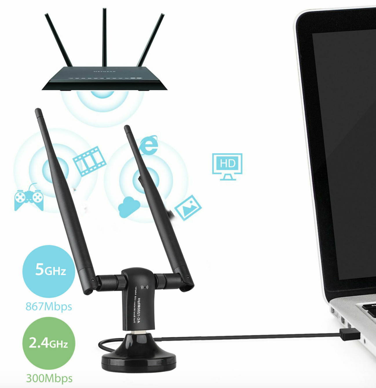 1200Mbps High Speed USB WiFi Adapter Signal Booster W/ Antenna For Windows