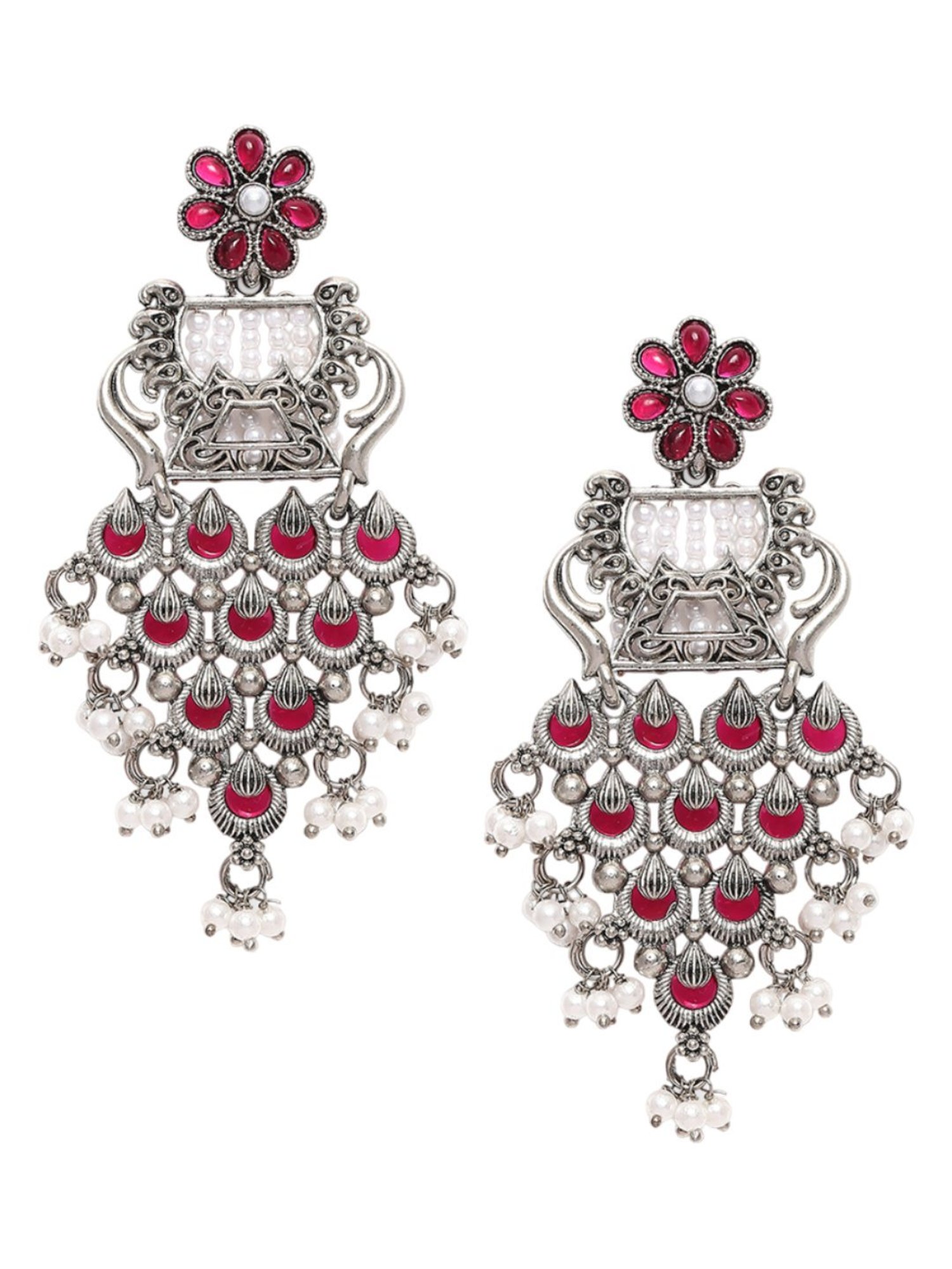 OOMPH Oxidised Silver Maroon Stones Waterfall Design Ethnic Dangler Earrings