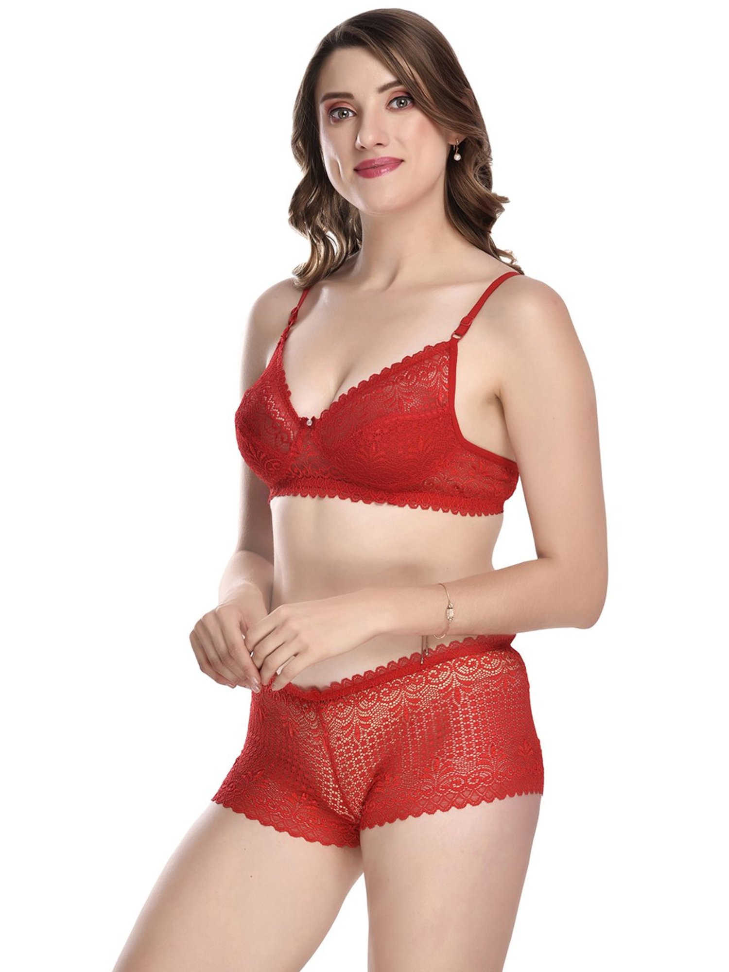 AROUSY Red & Pink Self Pattern Bra Panty Set - Pack Of 2