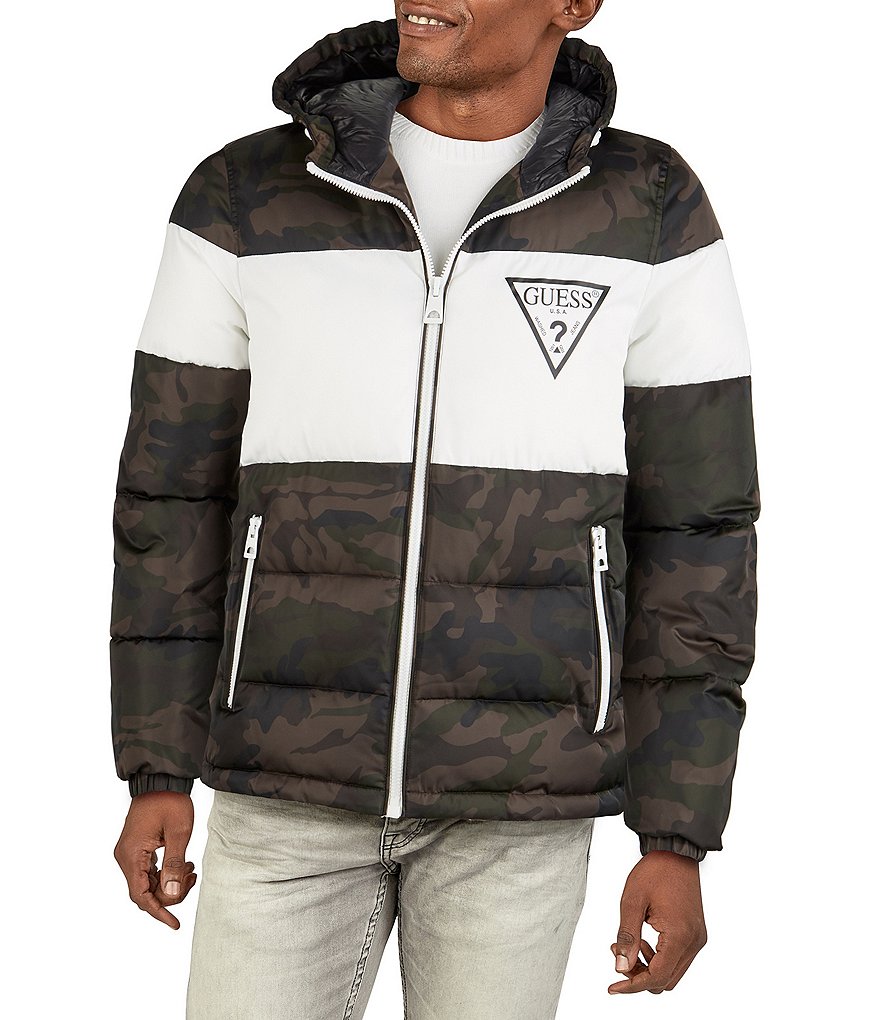 Guess Camouflage/Color Block Heavyweight Hooded Puffer Jacket