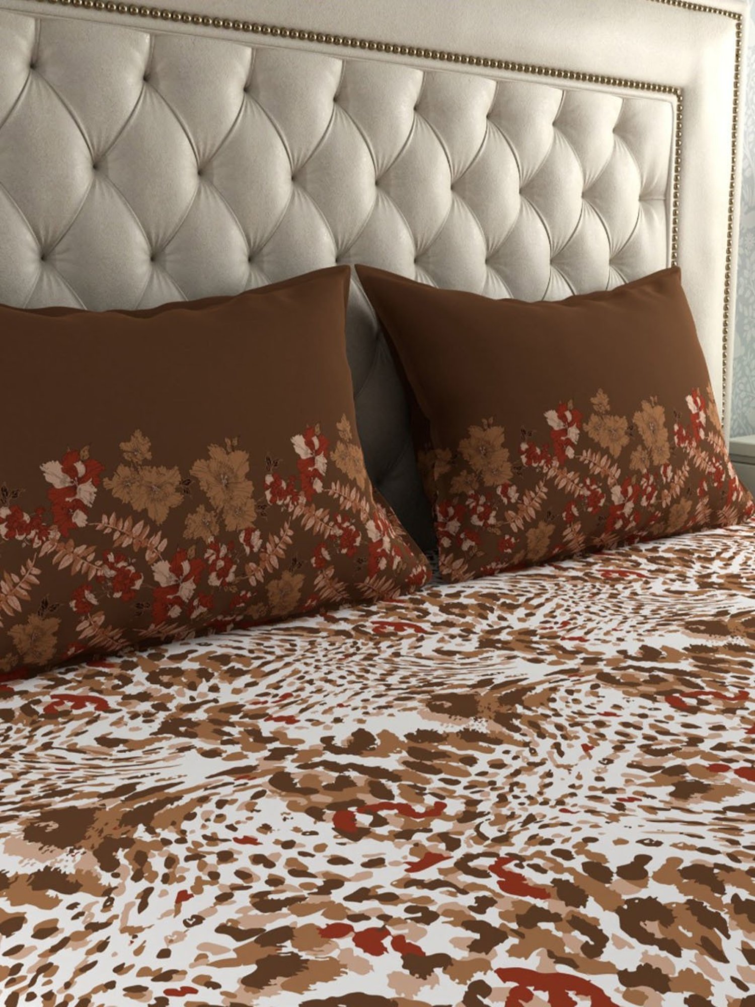 Trident Simply Modern Abstract Brown 120 TC Cotton Queen Bed Sheet with 2 Pillow Covers